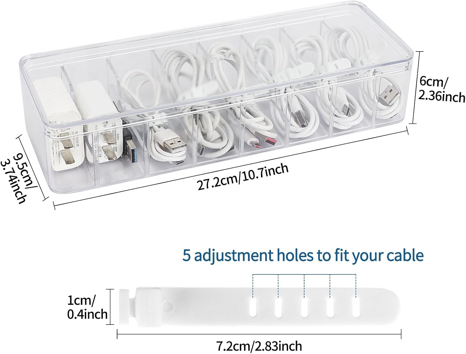 FYY Clear Electronics Organizer Box - with 10 Wire Ties, Desktop Cable Management Box with Lid, Acrylic Cord Organizer Case 8 Compartment Electronic Accessories Case for Desk Drawer, Office, Home image number 2