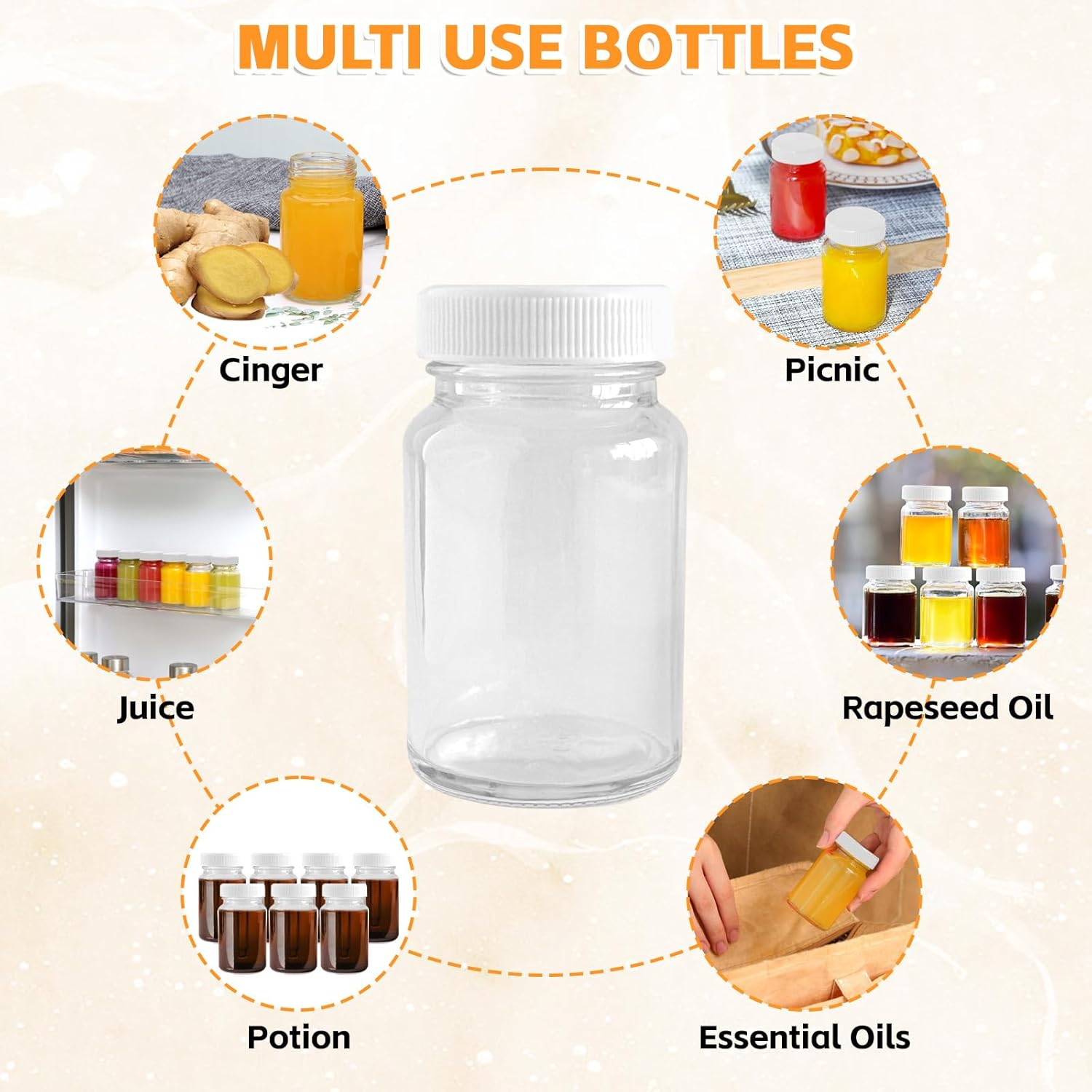 Fayrvind 16 Pack 2 Oz Glass Juice Bottles, Small Containers Shot Bottles with Lids & Stainless Steel Funnels for Travel Liquids Juicing Juice Cold Brew Bottles Smoothie Jars Homemade Beverages Bottle image number 5