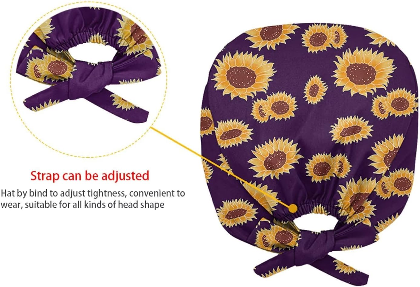 Yuuxorilu Scrub Cap Set 4 Pack,Women Men Working Cap with Adjustable Tie Sweatband - Hippie Daisy Yellow image number 3