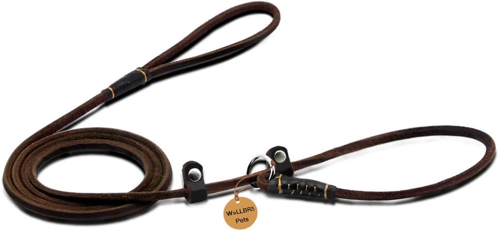 Wellbro Luxury Genuine Leather Slip Dog Leash Deluxe Slip Lead with Adjustable Collar Soft Touch and Exquisite Suit for Small Medium Puppies 160Cm Length by 0.6Cm Wide Brown - Basic Leash image number 4