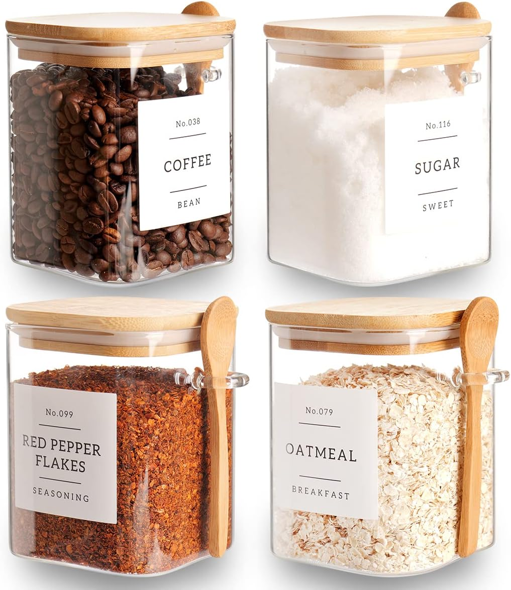 CZZGSM Set of 4 Square Glass Jar with Bamboo Lids and Spoons &ndash; Airtight 27 Oz Borosilicate Glass Food Storage Contaienrs with 132 Kitchen Pantry Labels for Coffee, Tea, Sugar image number 2