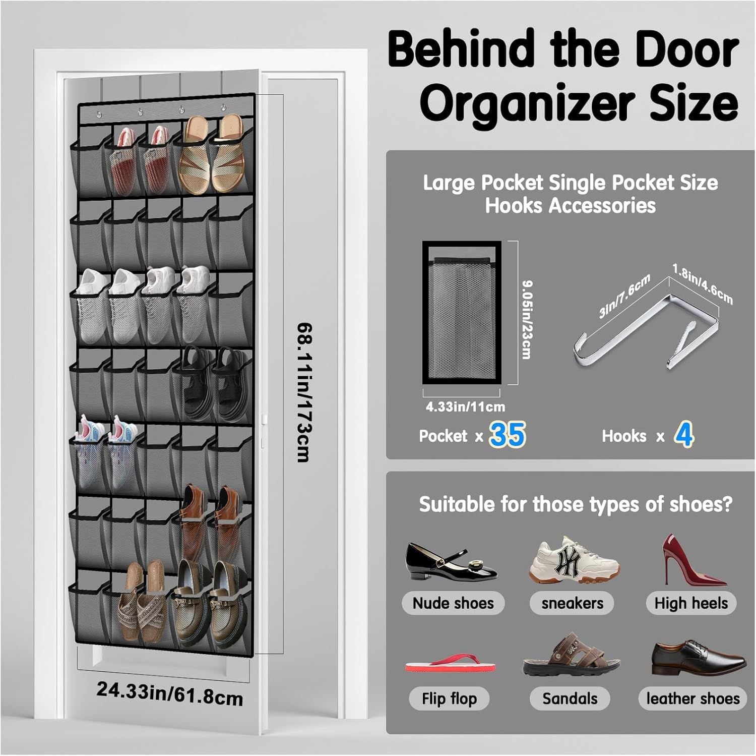 Over the Door Shoe Organiser, 35 Large Mesh Pockets, Space Saving Hanging Storage Holder, Closet Rack Hanger, Hangs on Closets for Shoes, Accessories, Black image number 3
