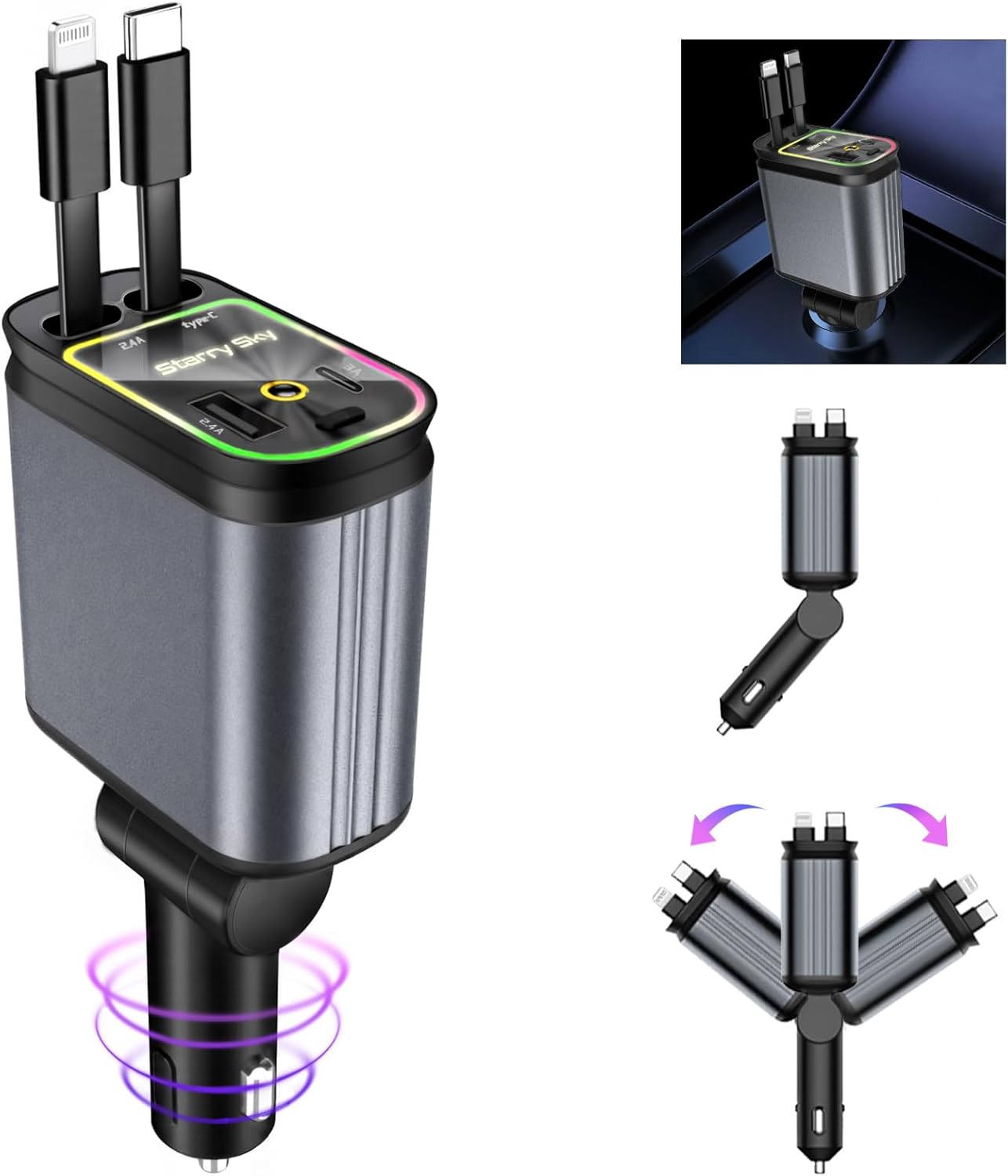 4 in 1 Retractable Car Charger Starlight Compatible with Iphone 16/15/14/13/12/11,Galaxy,Pixel image number 1