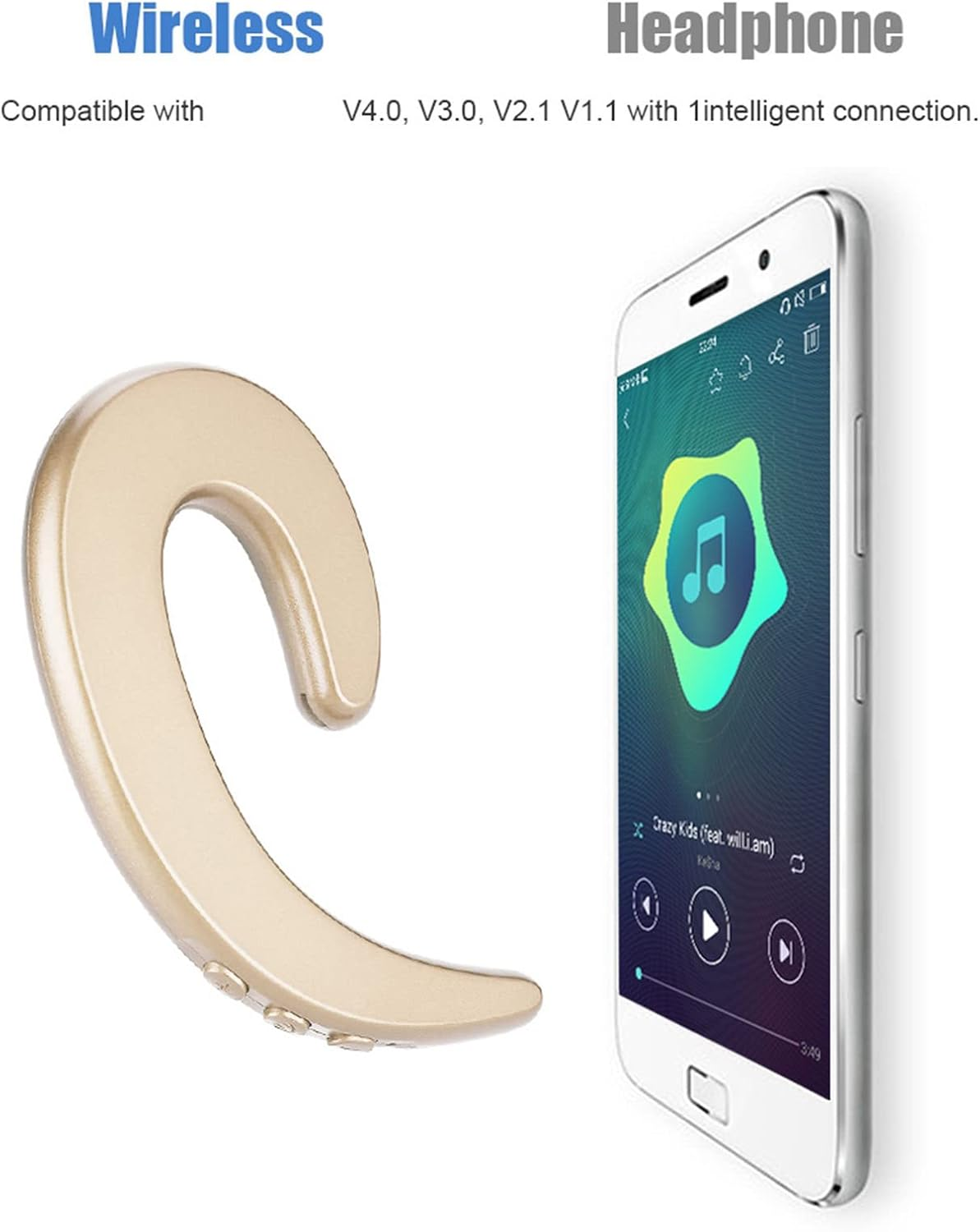 Bone Conduction Bluetooth Headphone Wireless Painless Ear Hook Headset for Sports and Work (Gold) image number 5