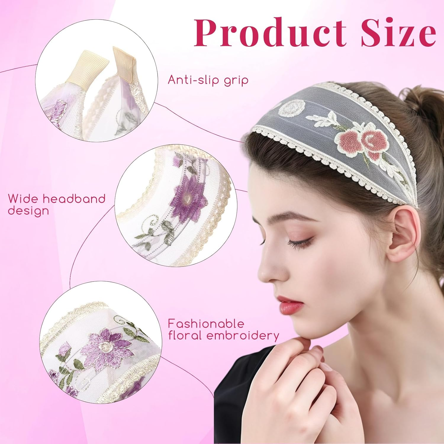 Pack of 3 Women'S Wide Hair Bands, 9 Cm, Floral Embroidery Mesh Hairband, Comfortable Non-Slip Hair Bands with Comb Teeth for Women and Girls, Hair Accessories (9 Cm Style B, One Size)