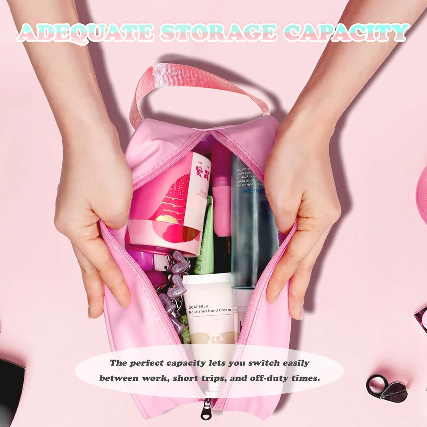 Waytiffer Travel Toiletry Bag for Women and Men（22 X 13.5 X 7Cm）, Translucent Waterproof Toiletry Travel Bag with Handle, Small Makeup Organizer, Cosmetic Bathroom Bag for Travel, Gym Shower (White) - Pink image number 3