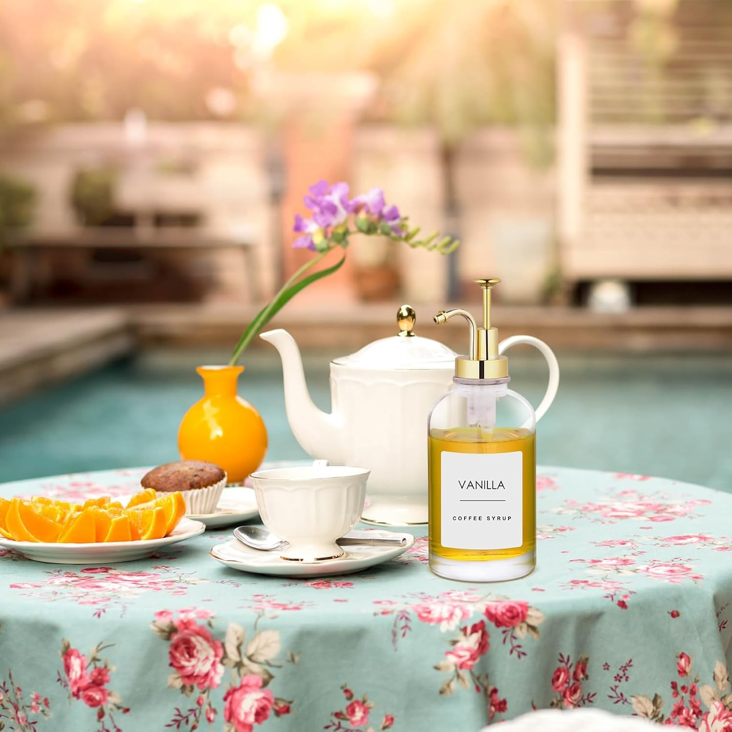 2Pack Coffee Syrup Dispenser, 500Ml Pump Dispenser for Coffees Home Bar, Glass Syrup Bottle Gold Pump, Coffee Pump Dispenser Included Funnels and Labels