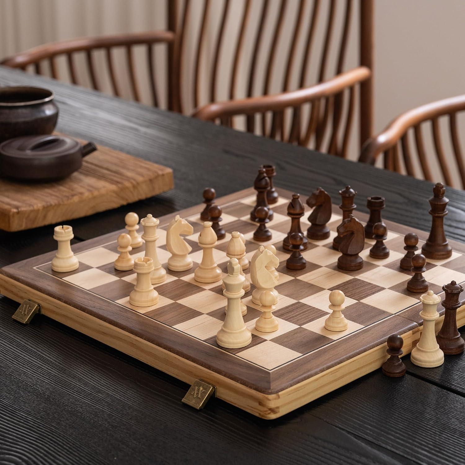 A&A 15" Magnetic Wooden Chess Set/Folding Board / 3" King Height German Knight Staunton Chess Pieces/2 Extra Queen image number 6
