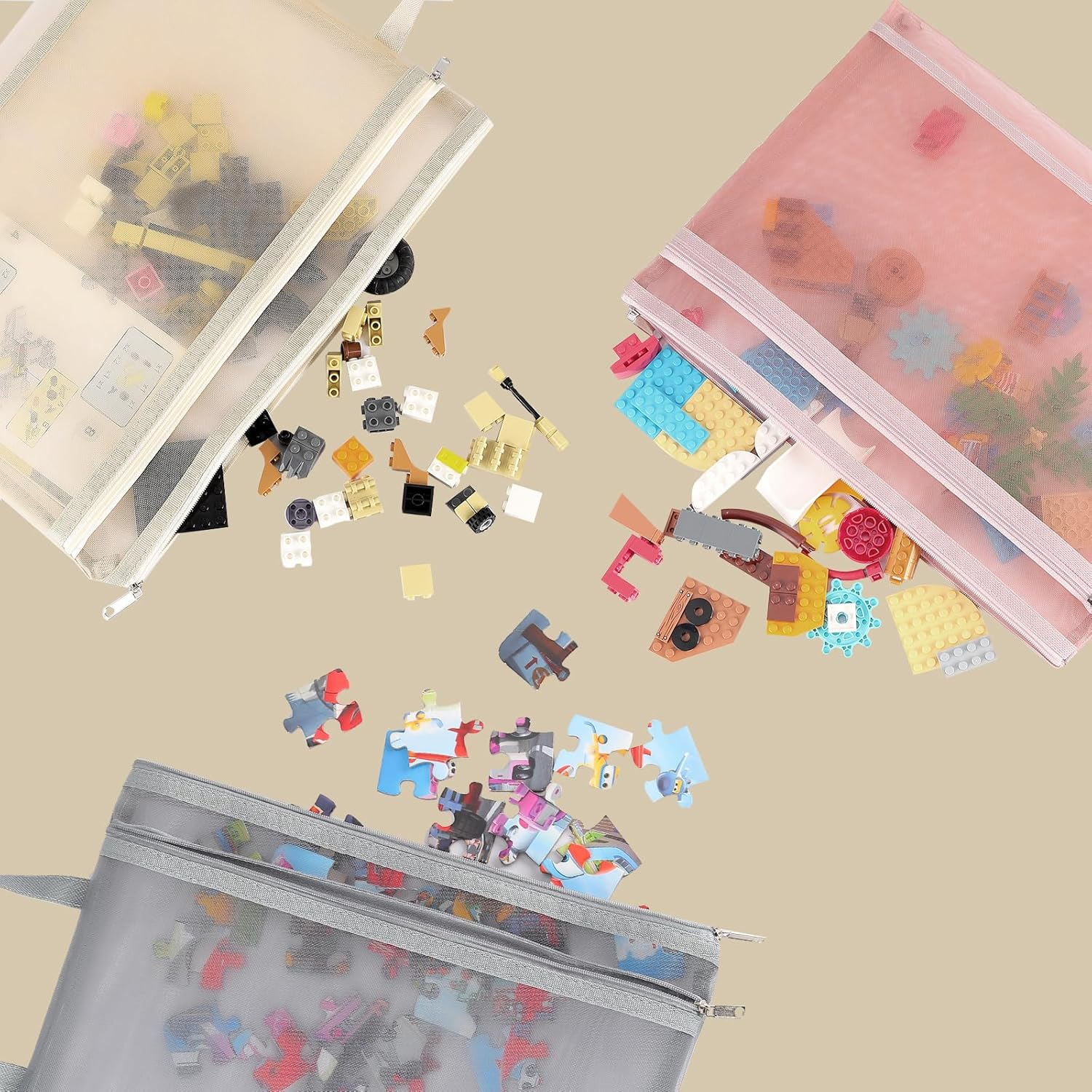 Truelux 10 Pack Colored Double-Layer Mesh Zipper Pouch Bags, Nylon Building Block Sets Toy Storage & Organization, Breathable See through (5Pcs A4+5Pcs A5) Pouch with Handle for School Office Games image number 1