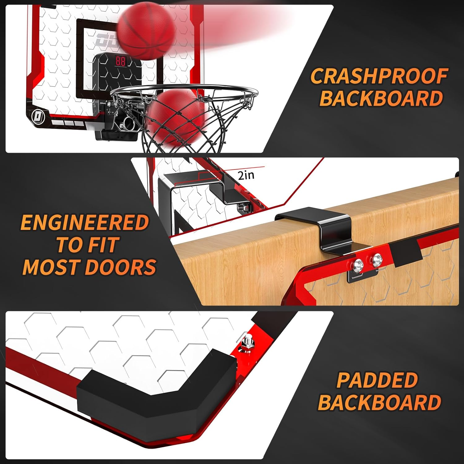 TEMI Indoor Basketball Hoop, Kids & Adults over the Door Hoop with 4 Balls, Electronic Scoreboard, Breakaway Rim, Red, Aluminium & Acrylic image number 4