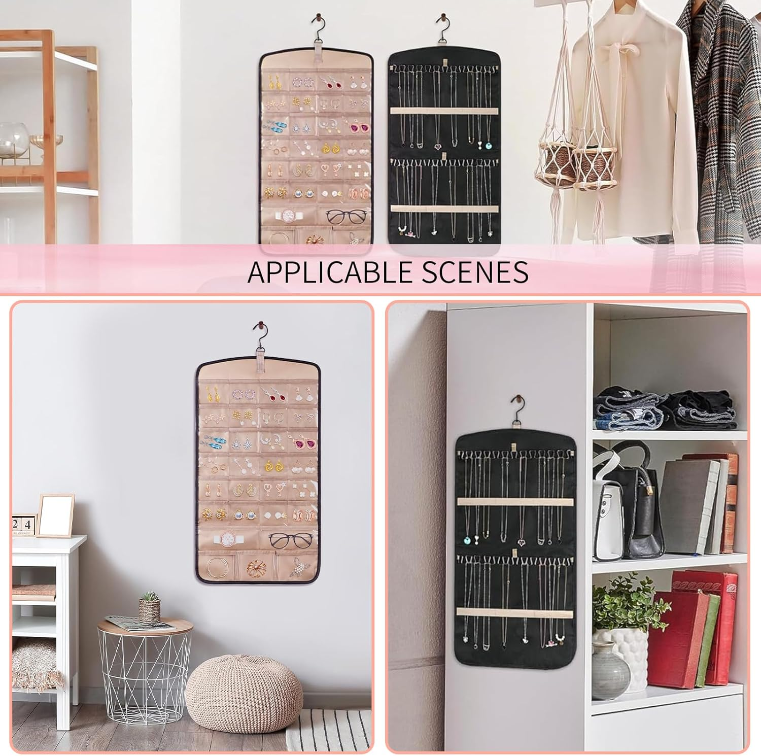 Hanging Jewelry Organizer with Rotating Metal Hook, 20 Pockets Earring Holder Organizer, Necklace Holder Anti-Tangle Earrings Rings Hanger, Double-Sided Jewelry Holder for Earrings Necklaces Ring (BK) - Pk image number 7