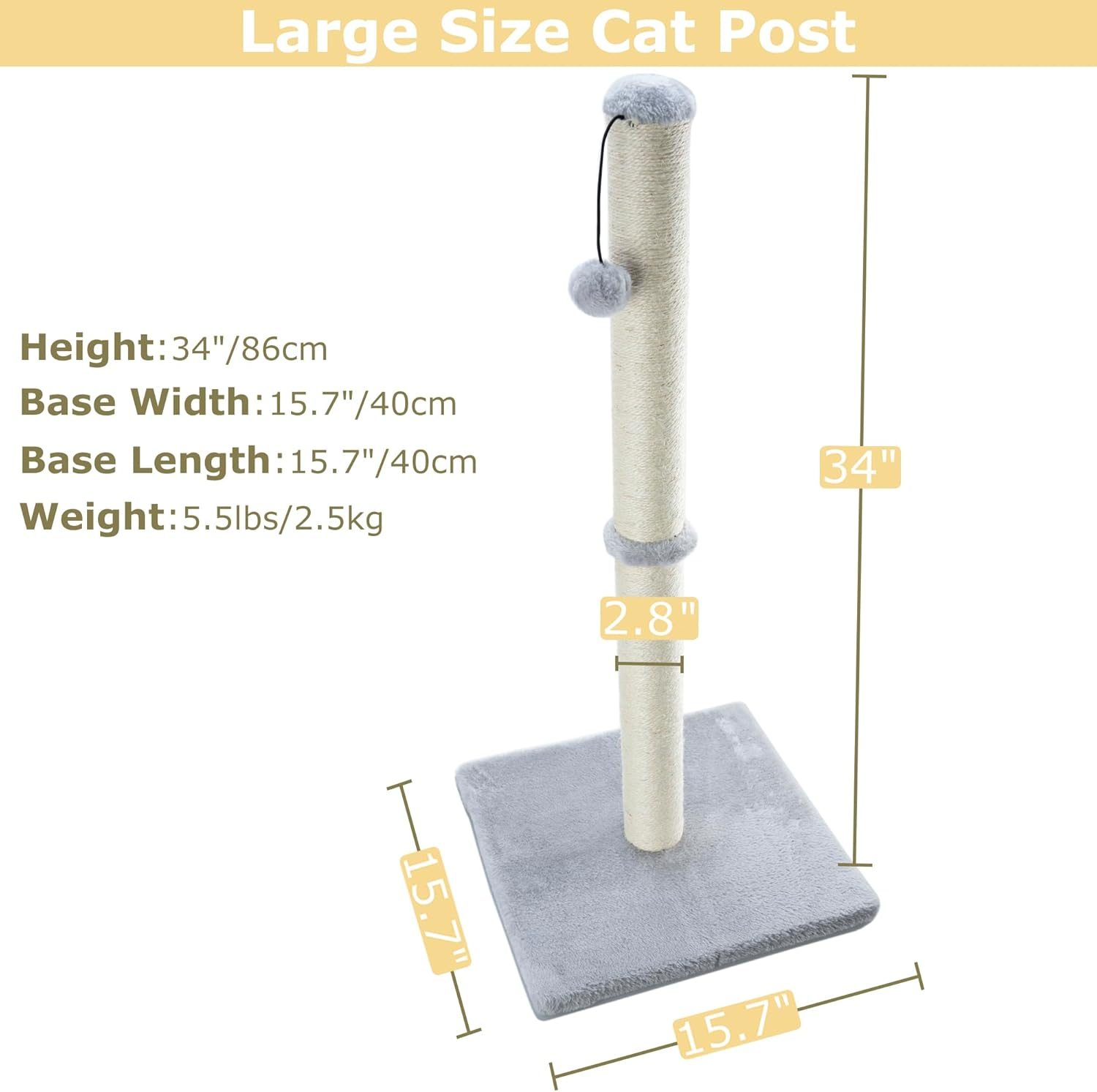 Dimaka 34 Inch Tall Ultimate Cat Scratching Post, Claw Scratcher with Sisal Rope and Covered with Soft Smooth Plush, Vertical Scratch [Full Stretch], Modern Stable Design for Cats(Grey V2) - Dark Brown 34" Tall image number 3