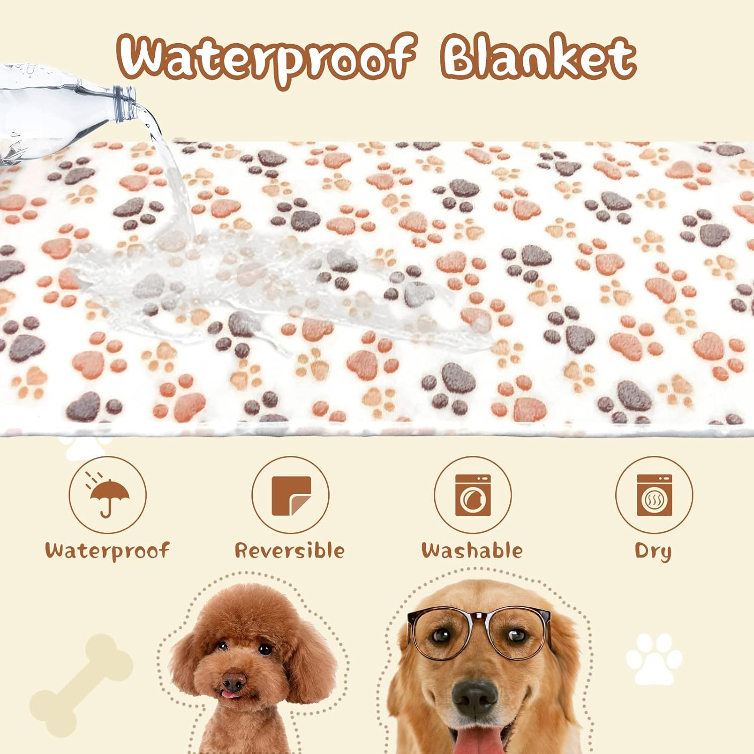 YUEPET Waterproof Dog Blankets, 2 Pack Washable Dog Blankets for Bed Couch Sofa Protector Fleece Flannel Puppy Blanket Soft Plush Reversible Throw Blanket for Medium Large Dogs 40"&times;30"(White+Coffee) image number 2