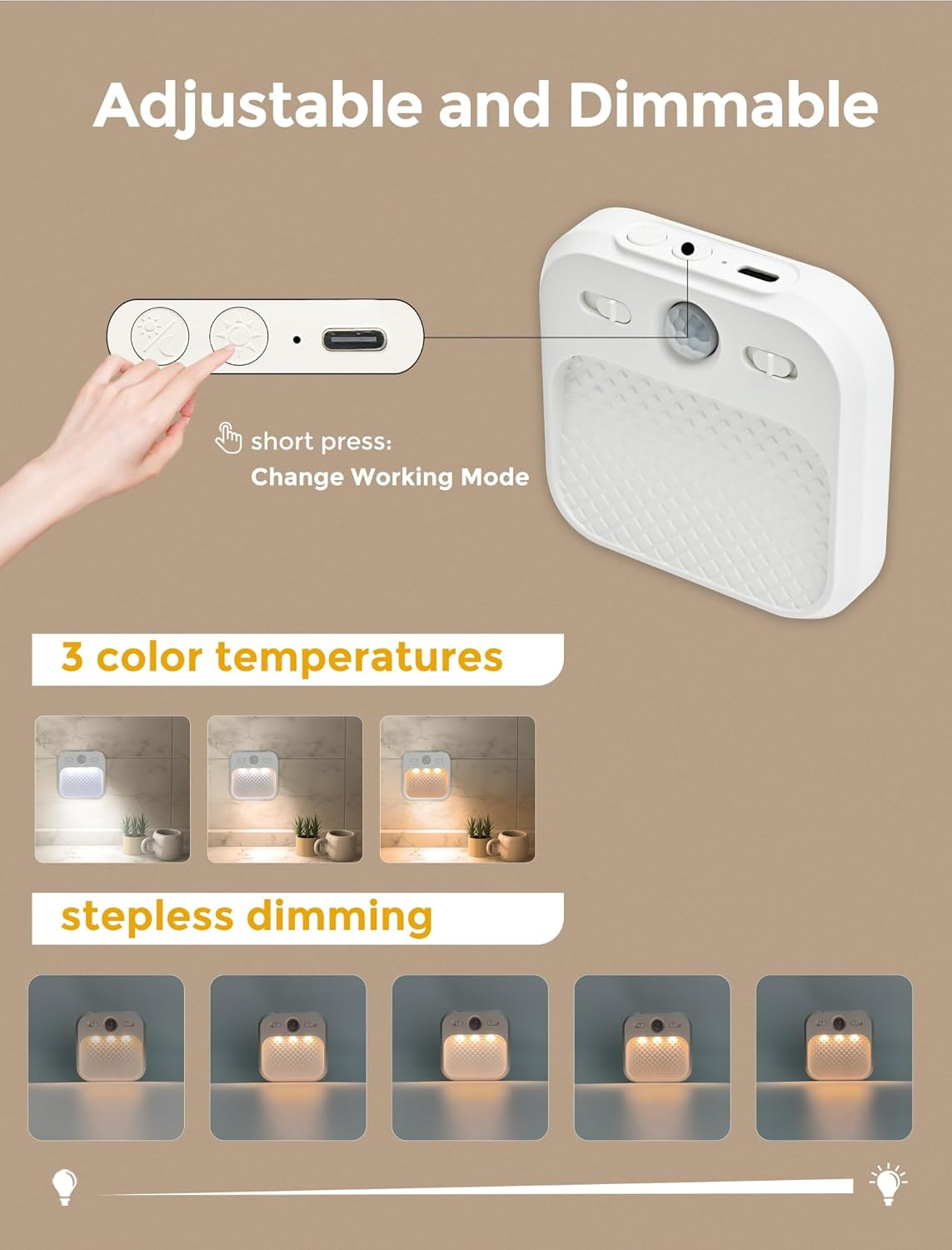 MERTTURM Night Light with Motion Sensor (30 Days Standby), Rechargeable Type-C LED Night Light Brightness Adjustable 3 Modes (Auto/Off/On), Magnetic Installation for Bedroom, Aisle, Stairs, Kitchen image number 4