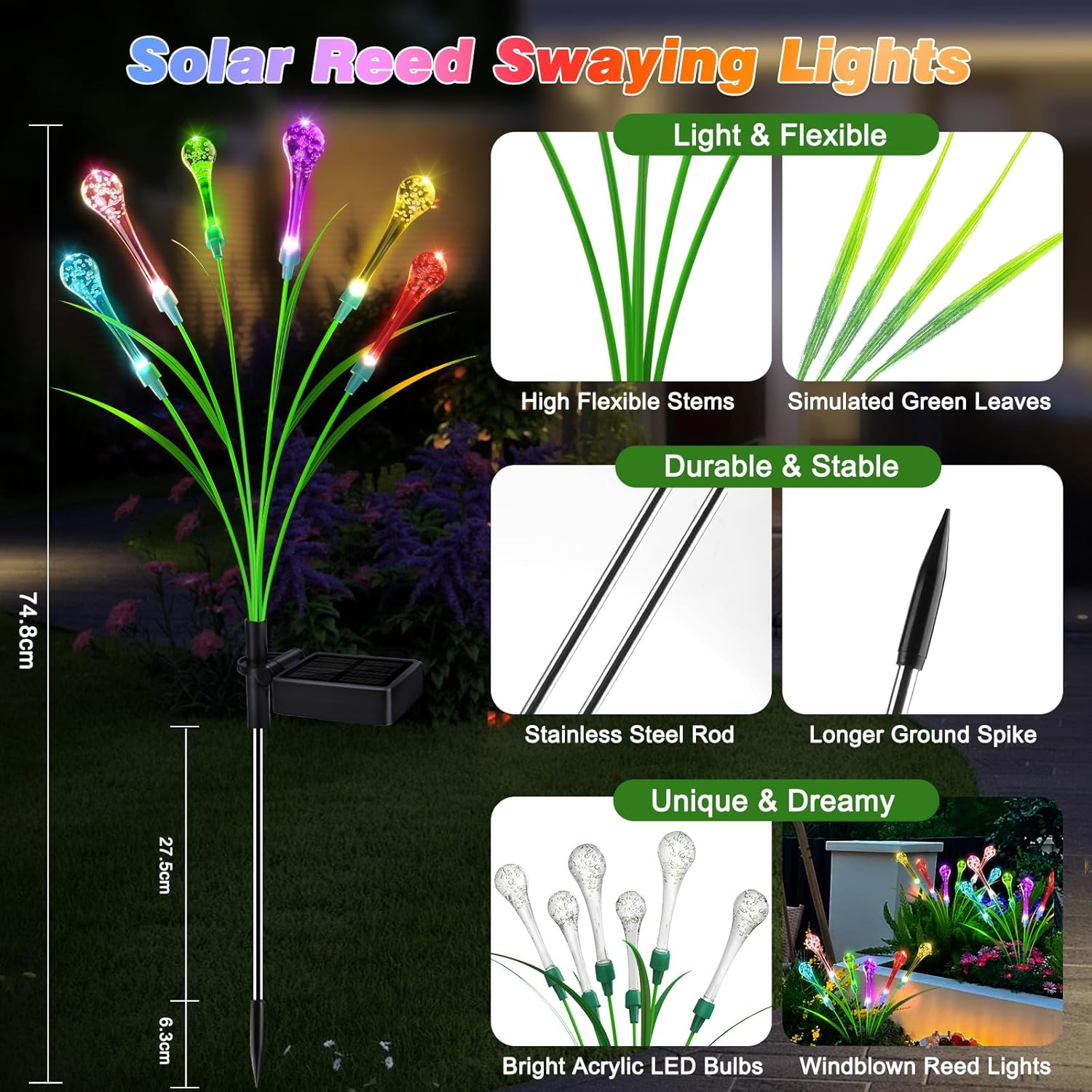 Bluefire 2 Pack Solar Garden Lights, Crystal Acrylic Water Drop Lights with 12 Bulbs, Waterproof Solar Lights Outdoor Patio Lights for Garden Lawn Patio Yard Wedding Party Decor(Multicolor) image number 3