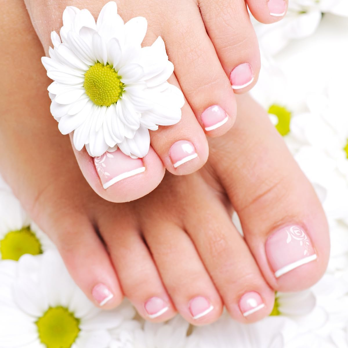 French Tips Press on Toenails 24 Pcs Acrylic Foot False Nails Square Fake Toe Nail Rose Detachable Stick Manicure Decoration for Women Girls image number 1