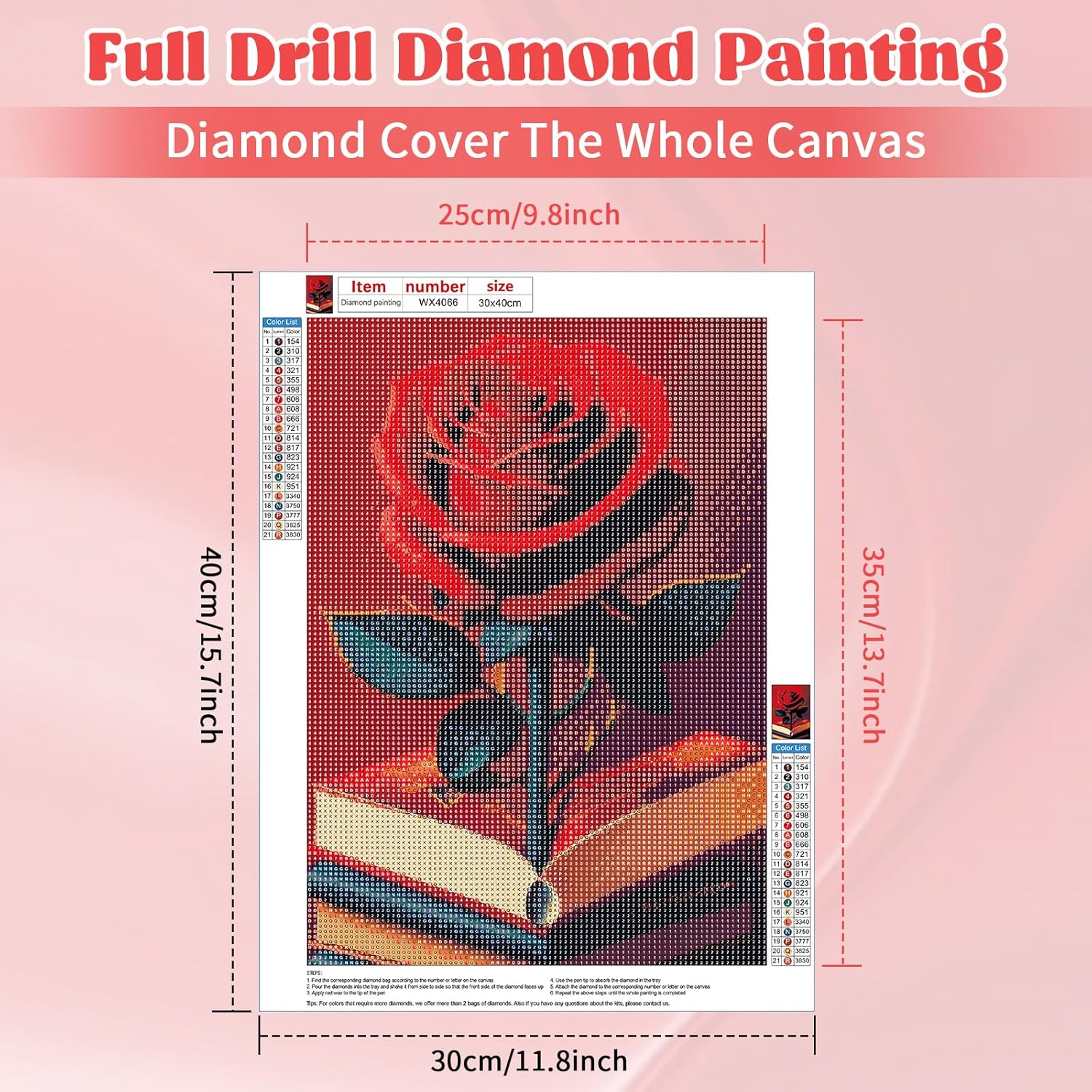 RICUVED Diamond Art Kits for Adults, Flower Diamond Art Kits Full round Drill Red Rose Diamond Art, Diamond Gem Dots Art and Crafts for Gift Home Wall Decor 12X16Inch