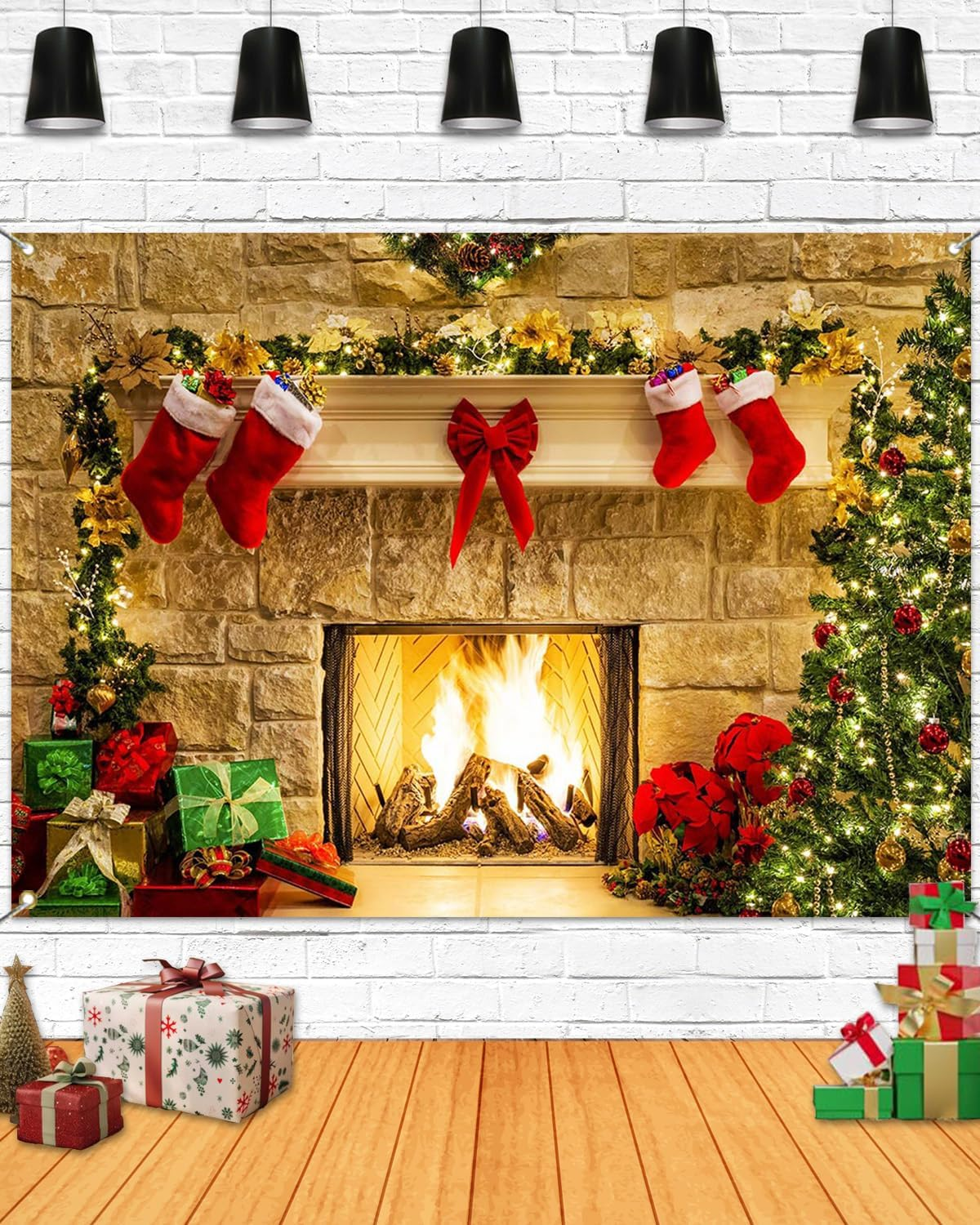 Mocsicka Christmas Themed Background Christmas Fireplace Backdrop Christmas Tree Gift Box Red Boots Adorn Background 8X6Ft Vinyl Backdrop Childrens Party Photography Background image number 3