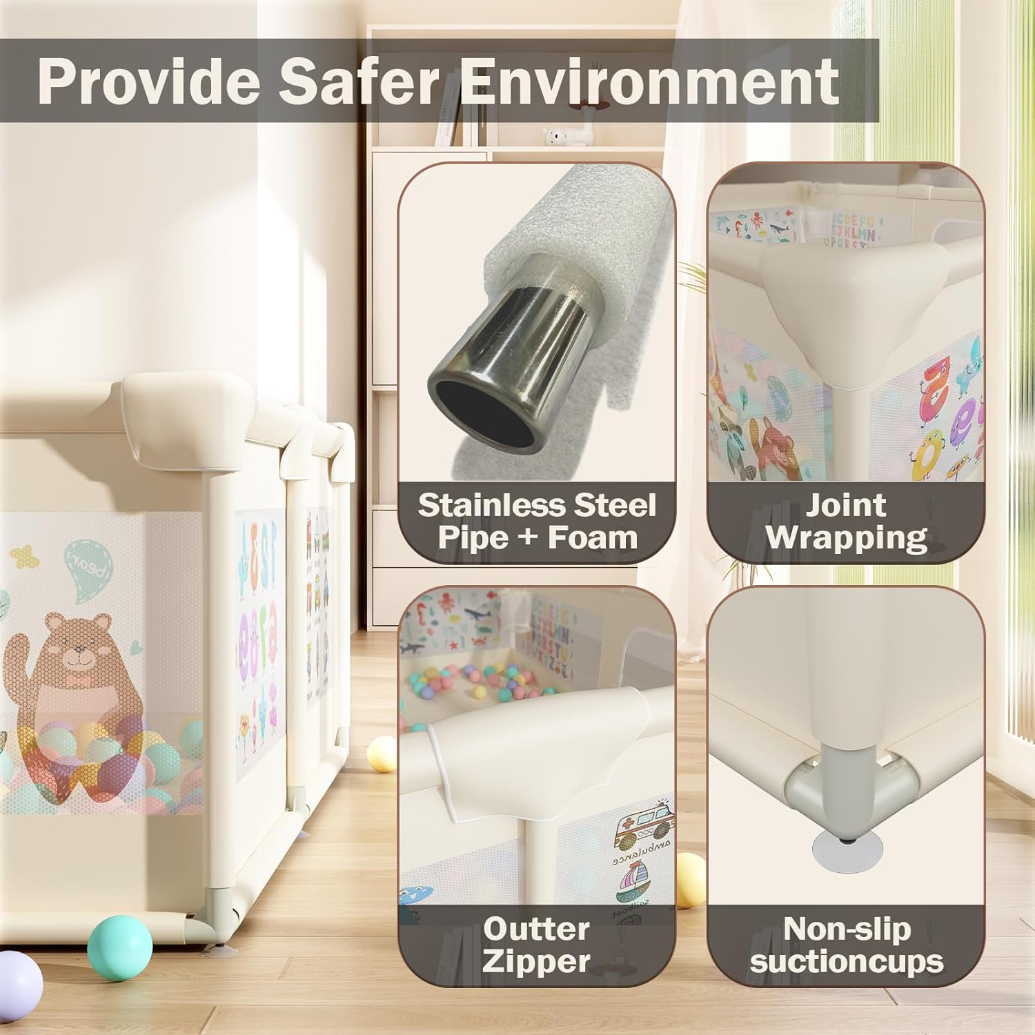 200X150Cm Playpen Baby, Extra Large Play Pen for Toddlers with Pattern Anti-Slip Sturdy Baby Play Yards Fence with 50 Balls, 4 Pull Rings, Balls Storage, Ball Storage & Zipper Door (Beige) image number 1