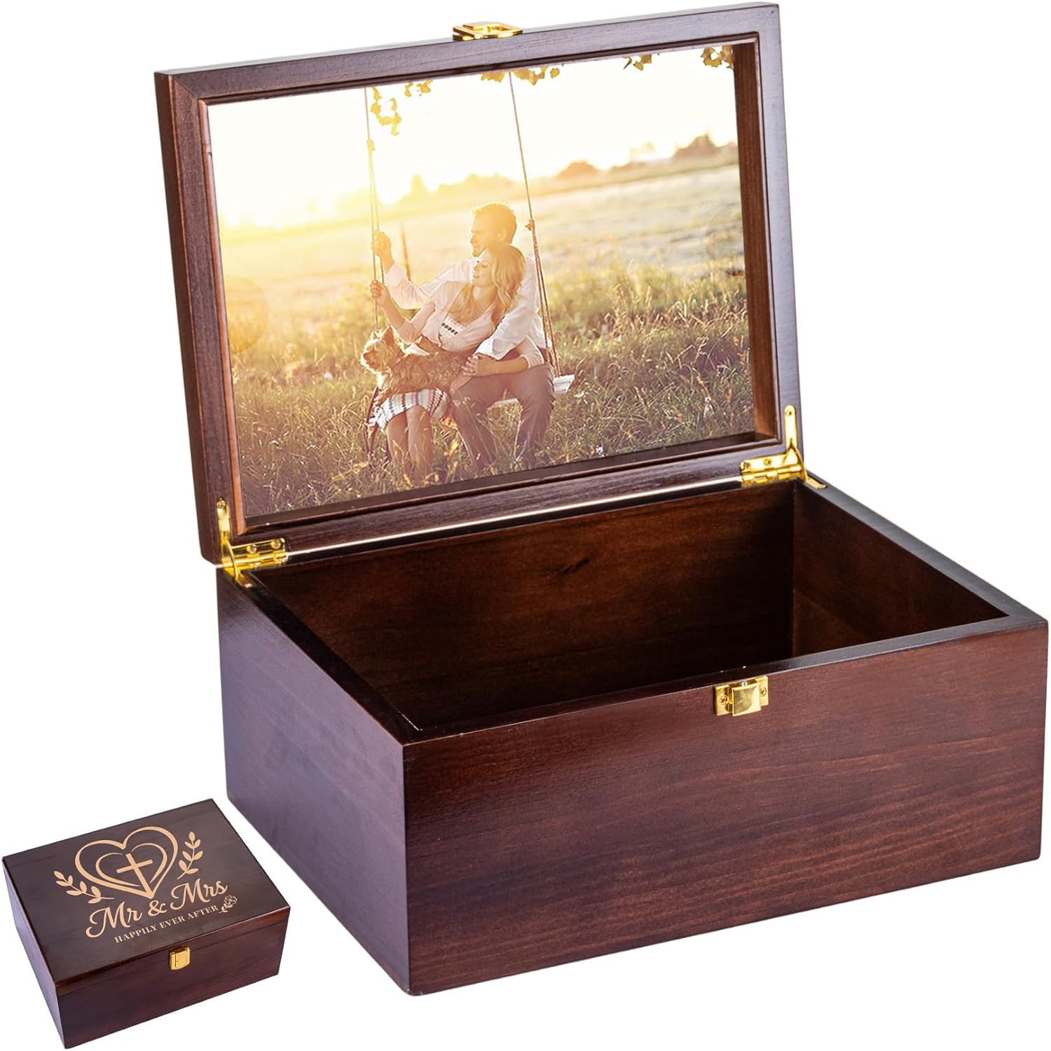 Larger Wooden Wedding Memory Keepsake Boxes with Hinged Lids and a Photo Frame inside the Lid Bridal Shower Gifts - Engagement Gifts for Couples Newlyweds Mr Mrs Couple Bride Gift - 5.3&ldquo;*8.6&rdquo;*11.7&ldquo;