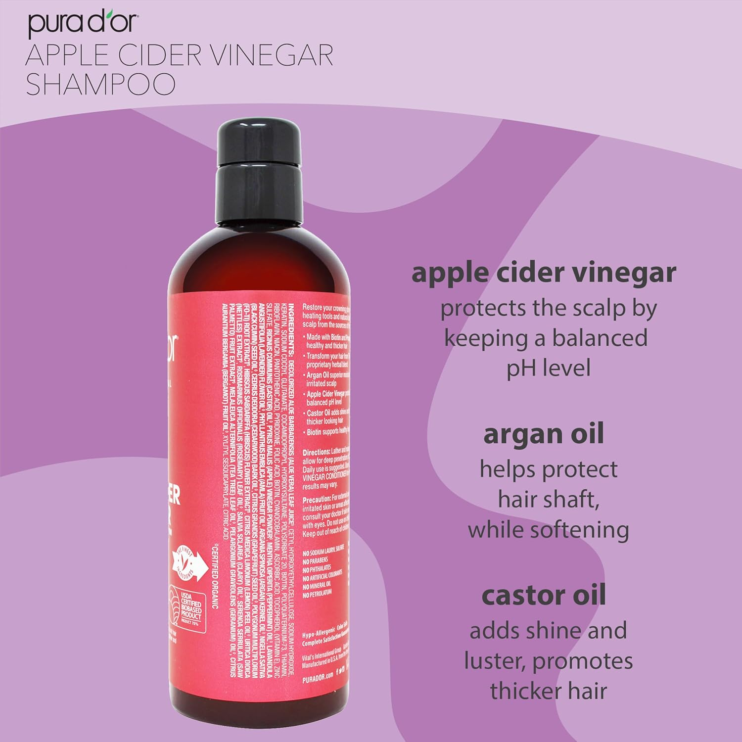 Pura D'Or, Professional, Apple Cider Vinegar, Thin2Thick, Shampoo, 16 Fl Oz (473 Ml)