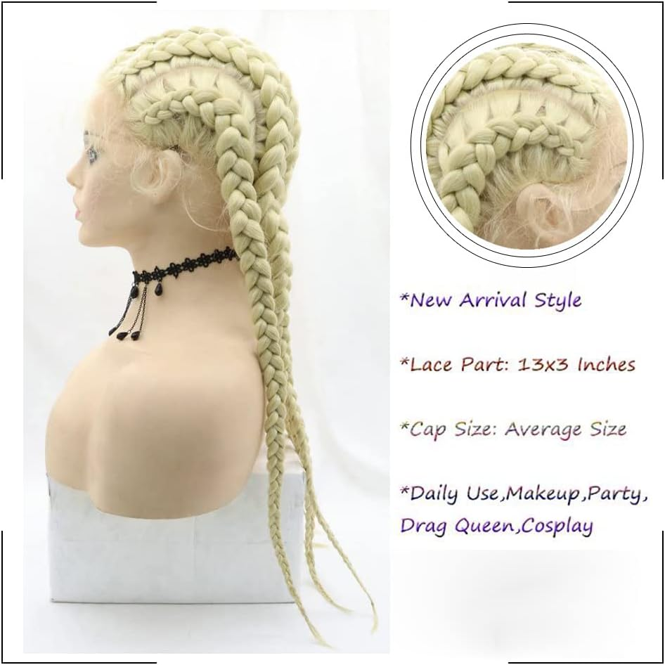 Afbeauty 613 Blonde 5 Braided for Women Handmade Blonde 5 Braids Wig Synthetic Blonde Lace Wig with Baby Hair Heat Resistant Fibre 5 Braided Daily Makeup Wigs 24 Inches image number 3