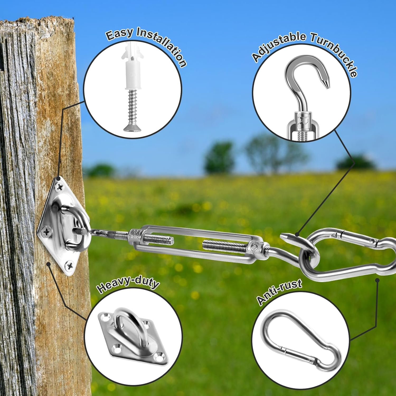 44Pcs Sun Shade Sail Hardware Kit Rectangle Square Triangle Shade Sail Mounting Kit 304 Stainless Steel M6 Awning Fixing Installation Kit Sun Shade Sail Installation Accessory for Patio image number 5