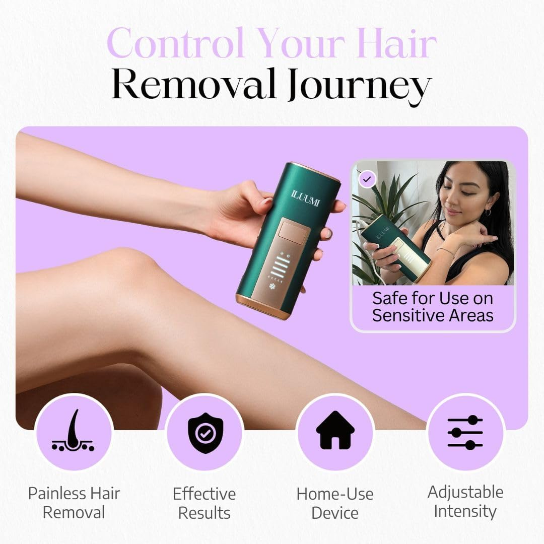 ILUUMI IPL Hair Removal Device for Face and Body, Permanent Hair Reduction for Women and Men, with 5 Intensity Levels and Ice-Cooling Technology, In-Home Use (Dark Green) - White image number 3