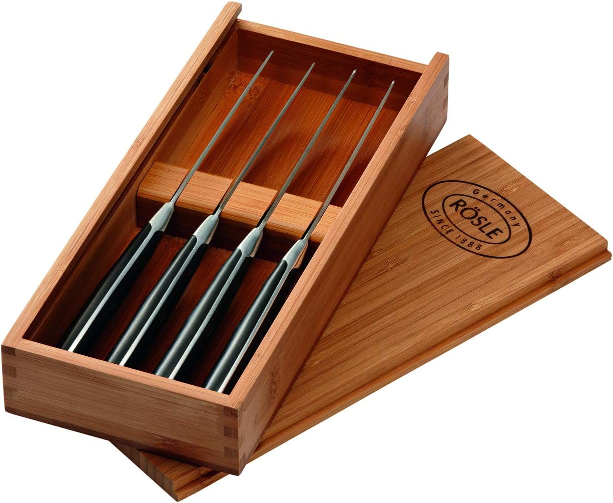 R&Ouml;SLE Steak Knife Set of 4, High-Quality Steak Knife with Sharp-Ground Blade Made of Special Steel Blade, POM, Includes Practical Wooden Box, Black, 4 X 25.2 X 11 Cm, 4 Pieces (Pack of 1) image number 1