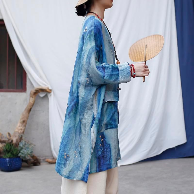 Bohemian Summer Linen Blend Shirt Dress Loose Fit Long Tunic Top with round Neck image number 6