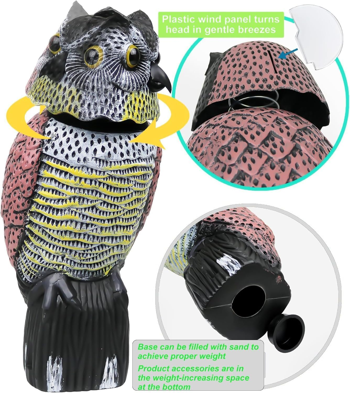 2 Pack Owls Decoy to Scare Birds Away Scarecrow Fake Owl with Rotating Head, Owl Decoys to Scare Birds Away, Nature Enemy Scarecrow Plastic Statues, Pigeon Deterrent Outdoor Yard, Garden Protectors image number 1