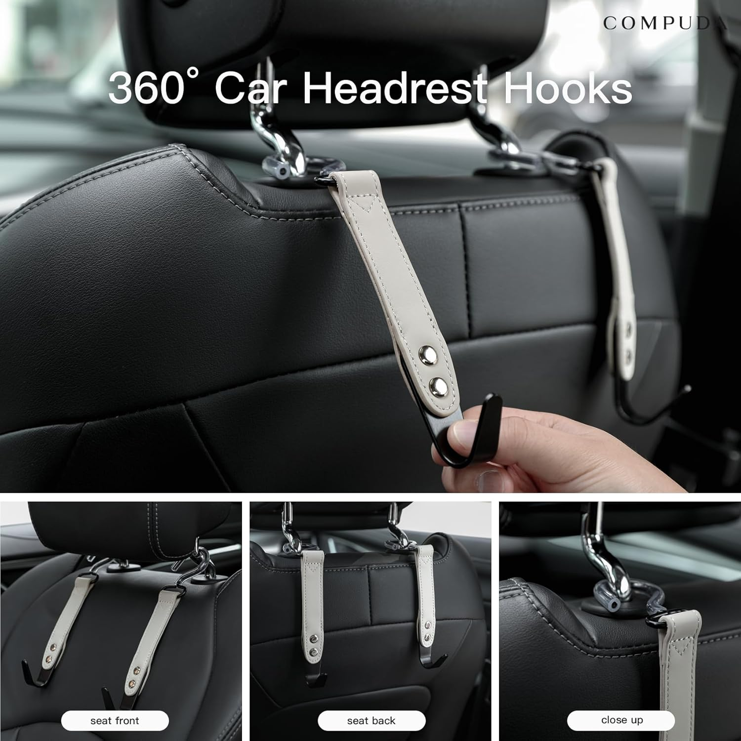Purse Hook Holder for Car - 2 Pack Genuine Leather Car Back Seat Handbag Hidden Hanger Headrest Hooks for Purses and Bags (Grey) - Blue image number 3