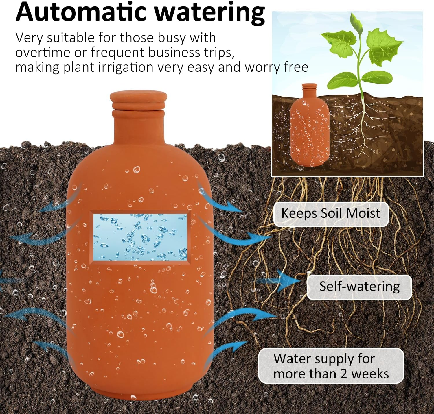 2Pcs Large Plant Watering Globes Ollas 10&times;5&times;5Inch 61Oz Terracotta Watering Pot Self Watering Planter Terra Cotta Clay Watering Spikes for Indoor Outdoor Plants Indoor Outdoor Large Reservoir Bulbs image number 3