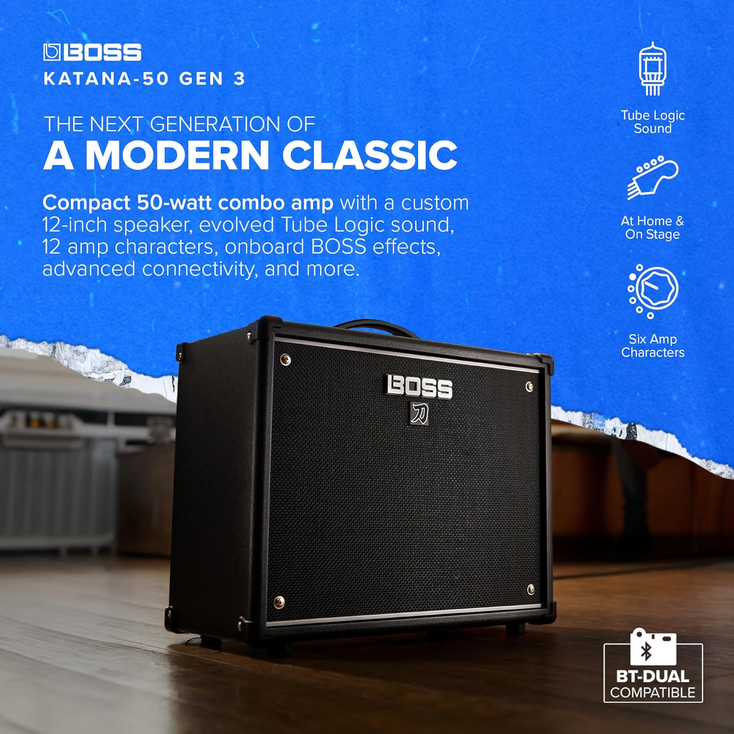 BOSS Katana-50 Gen 3 Guitar Amplifier | Compact 50-Watt Combo Amp | Custom 12-Inch Speaker | Evolved Tube Logic Sound | 12 Amp Characters | Onboard BOSS Effects | Advanced Connectivity & More image number 1