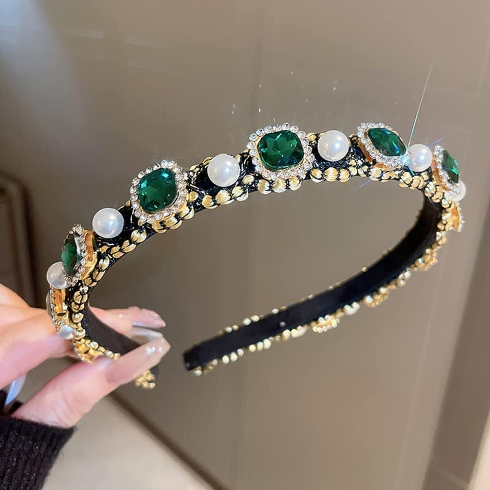 Wiwpar Rhinestone Crystal Headband for Women Girls Sparkly Pearl Beaded Hair Hoops Party Headwear Vintage Style Bling Accessories for Women Girls Christmas Gift (Green) - Color 1 image number 2