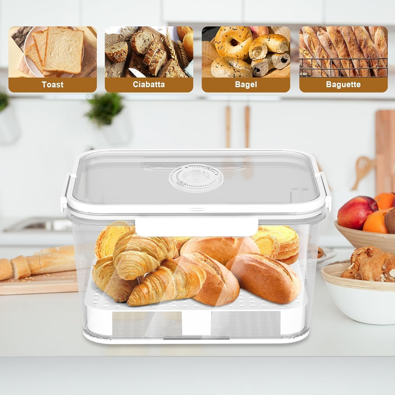 Bread Box Airtight for Kitchen Countertop, 2 Pieces Bread Holder Storage Container, Large Bread Container with Lid for Homemade Bread, Toast, Bagel, Donut and Cookies