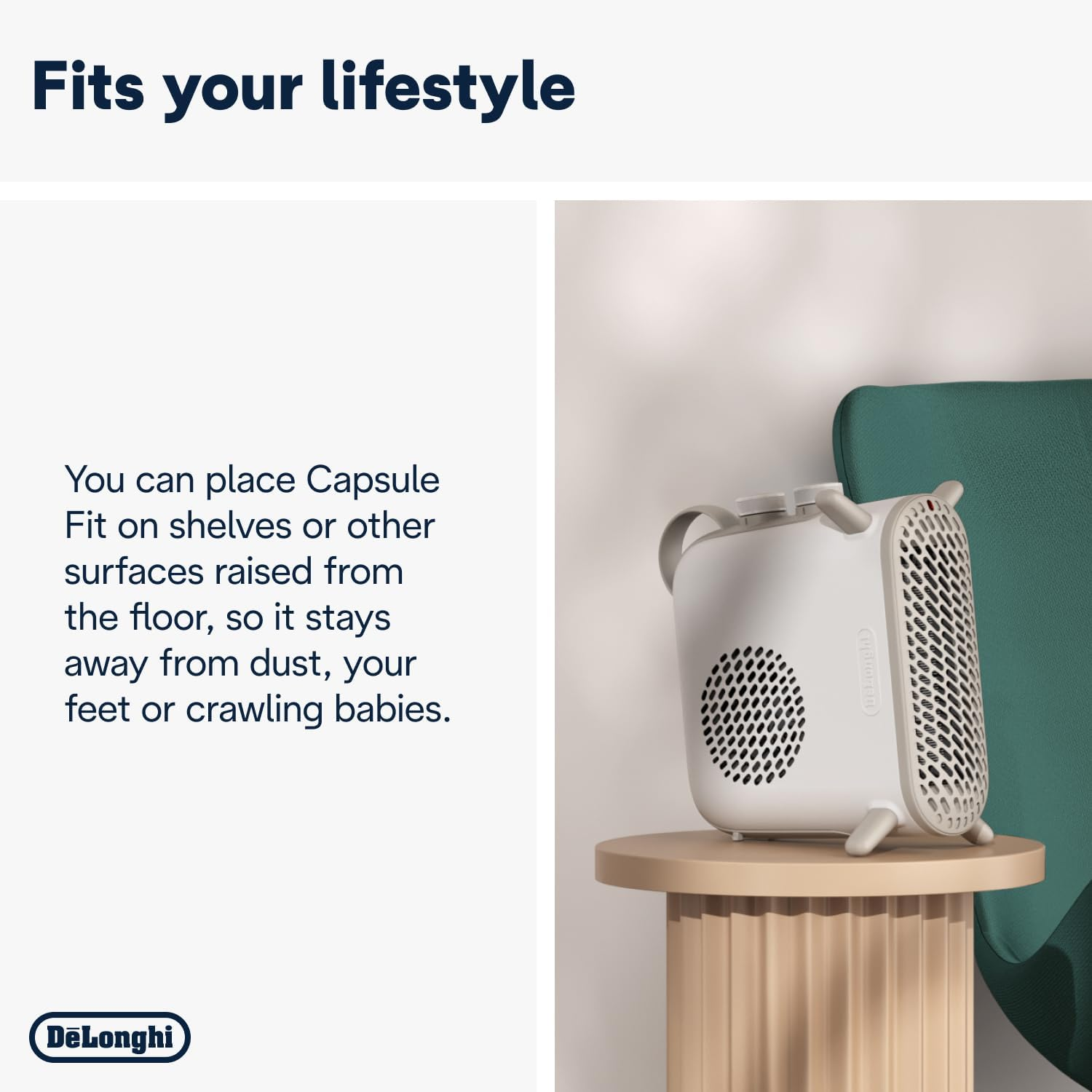 De'Longhi Capsule Fit HFS70B24.WH, Fan Heater, Quiet Heater with Functional Design, Vertical and Horizontal Positioning, Safety Thermostat, 3 Fan Settings, 2400W, White image number 4