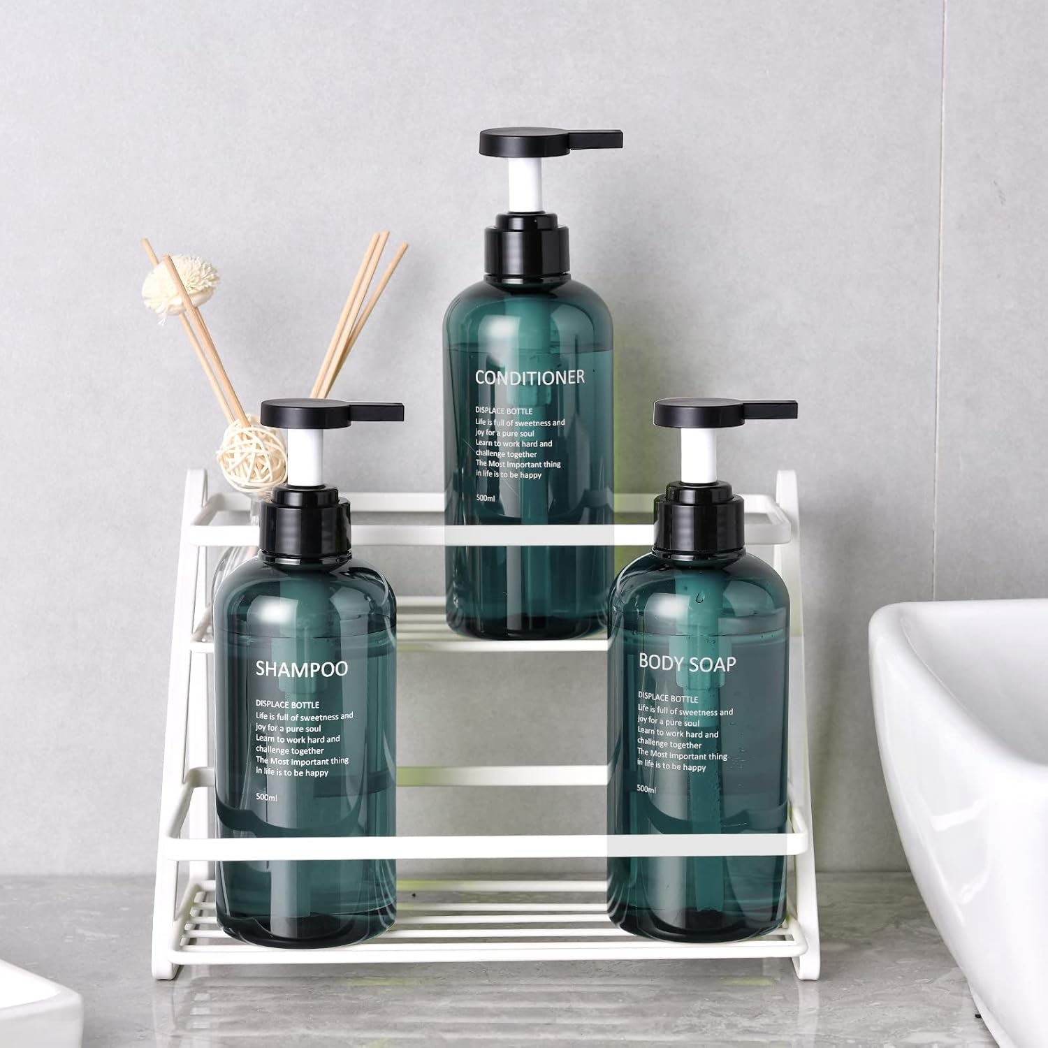 16.9 Oz Shampoo and Conditioner Dispenser with Black Plastic Pump, 3 Pack Shampoo Conditioner Body Wash Dispensers, Shower Soap Dispensers, Blue Plastic Refillable Shampoo and Conditioner Bottles image number 4