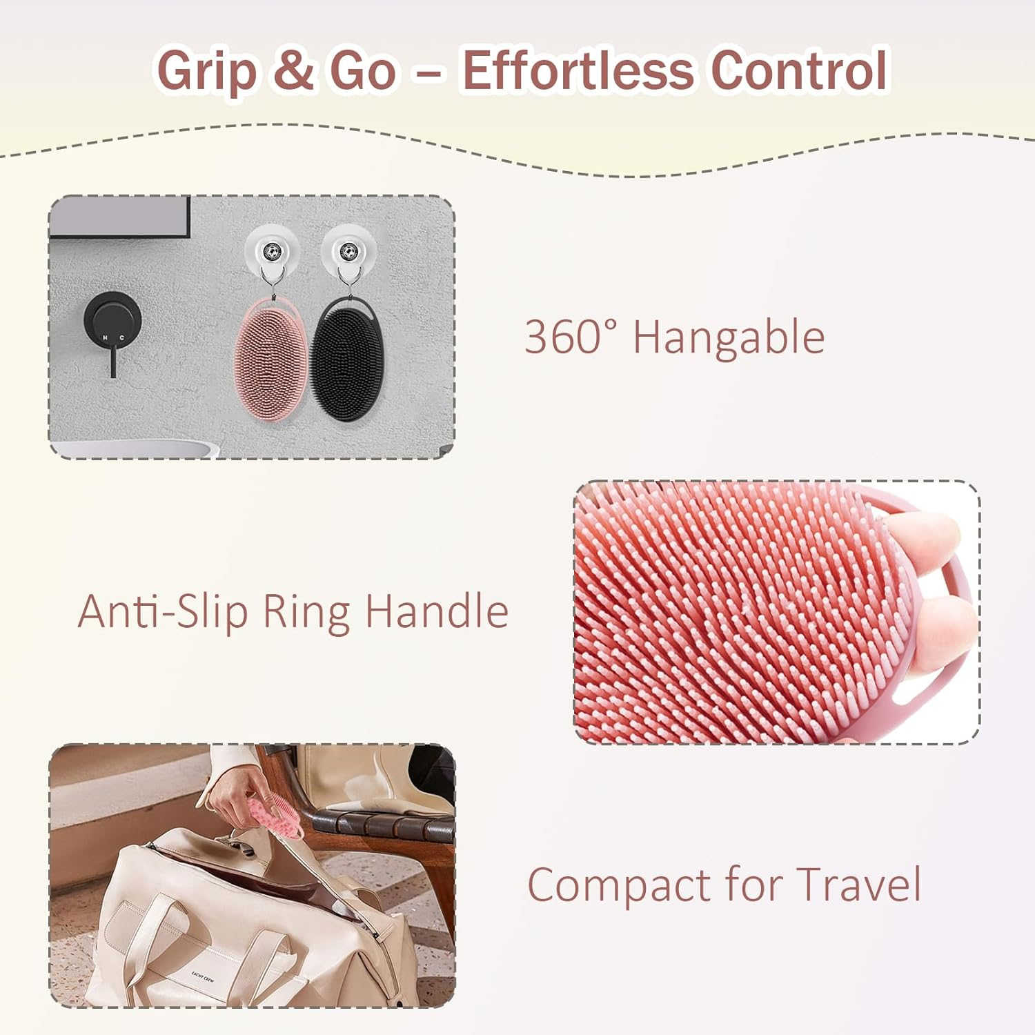 2-Pack Silicone Body Scrubber, 2-In-1 Bath Shampoo Body Brush, Soft Exfoliating Massage Loofah for All Skin Types，Double-Sided Design, Non-Slip Handle (Pink&Black) - Pinkblack image number 4