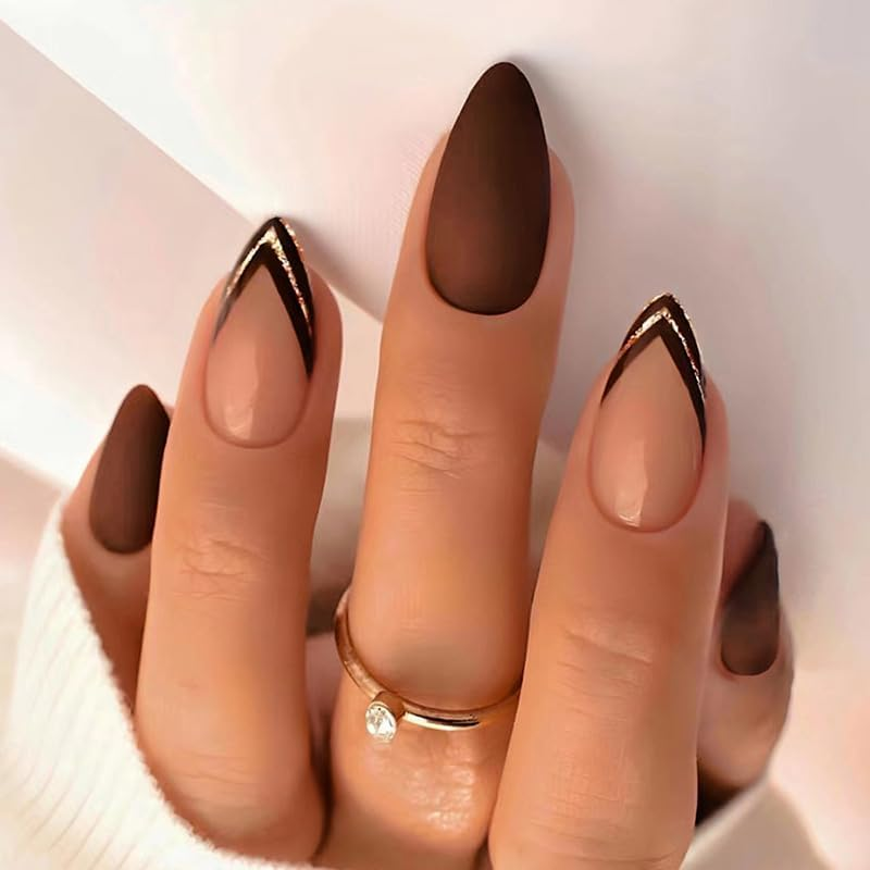 Sethexy Brown Medium Almond Press on Nails Stiletto Autumn French Fake Nails Acrylic False Nails for Women and Girls 24PCS (5)