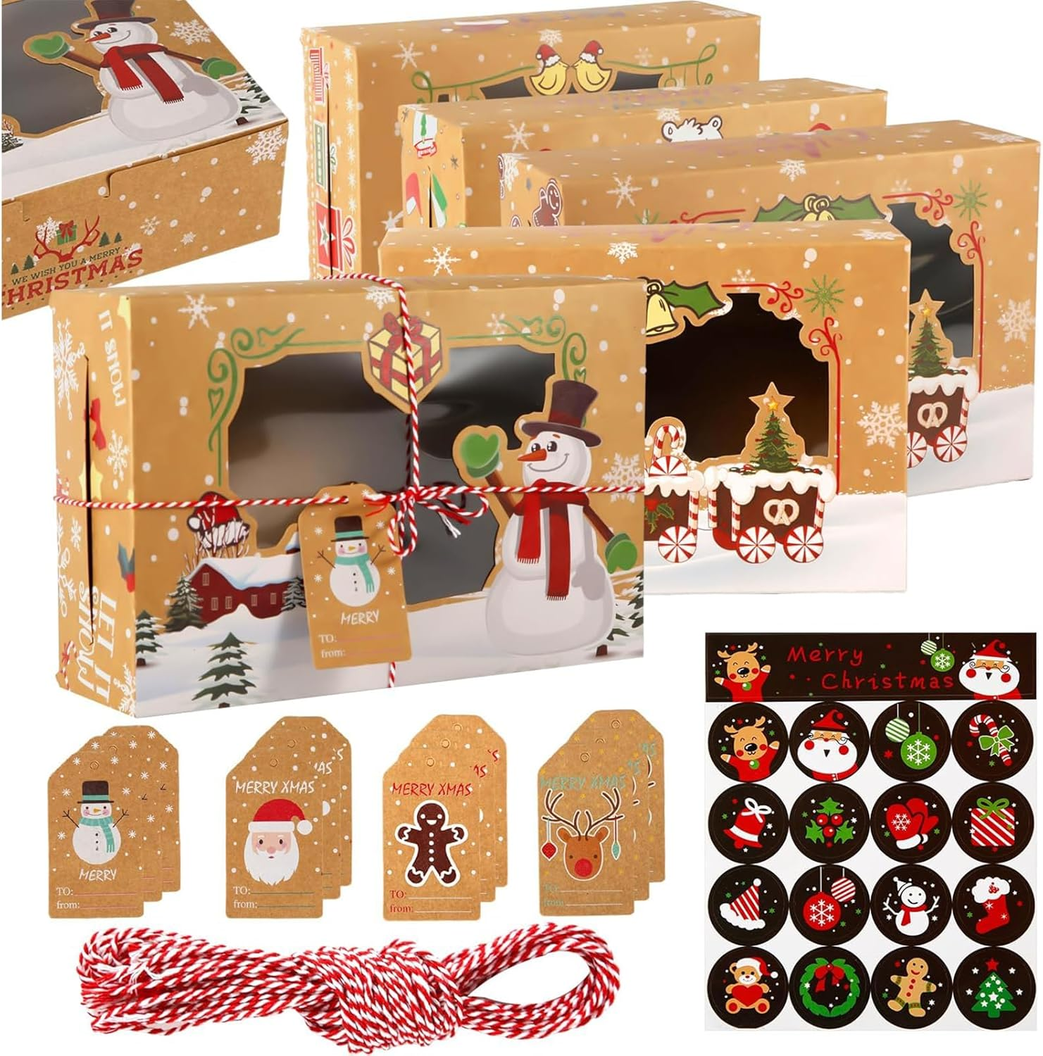 12 Pack Christmas Cookie Boxes with Window, Bakery Christmas Treat Boxes for Gift Giving, Pastry Candy Party Favors Christmas Kraft Gift Boxes with Ribbons and DIY Gift Tags