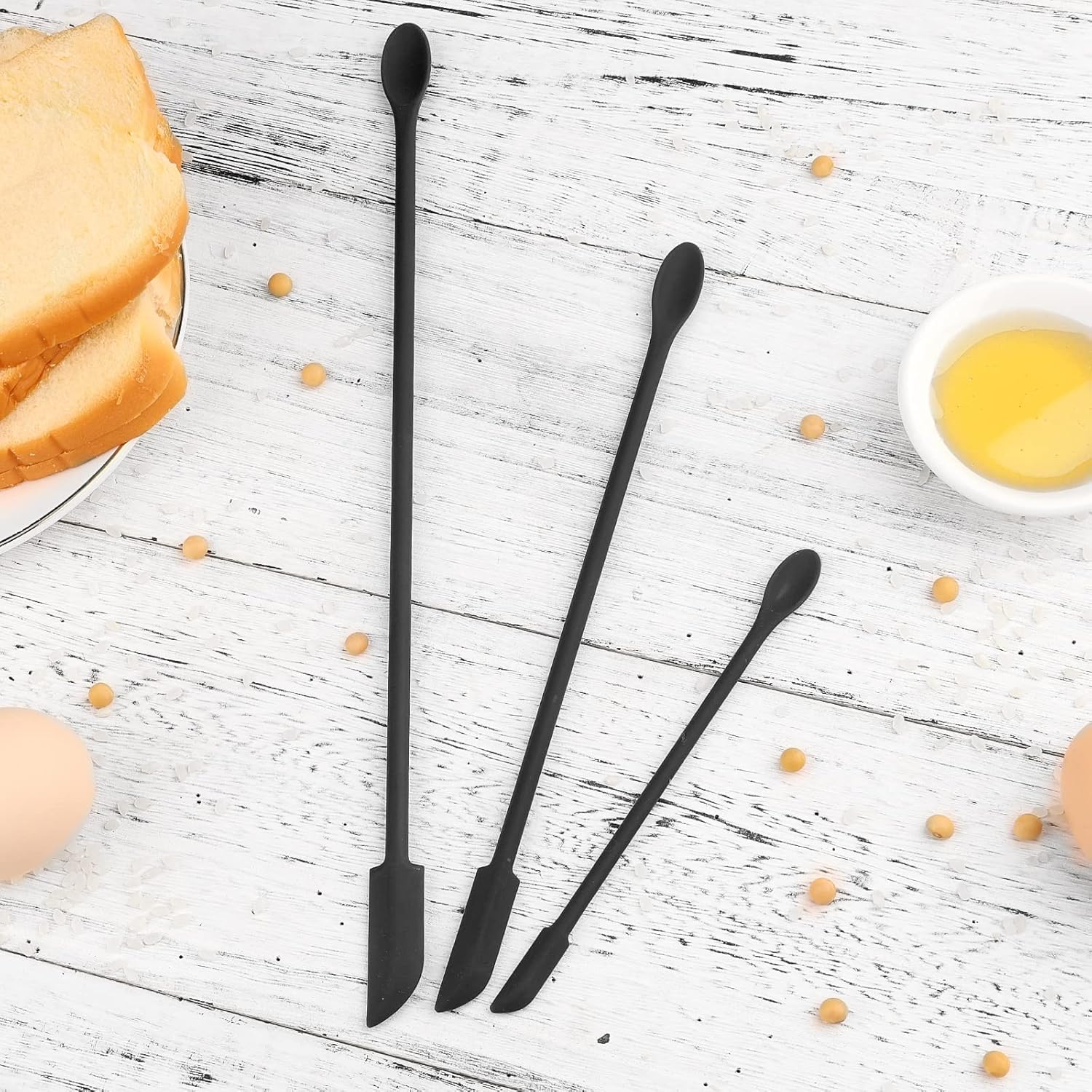 SAVITA 3Pcs Small Makeup Spatulas Set, Double-Ended Multifunctional Mini Silicone Spatula Scraper Set Long Spoons for Make up Cosmetics Kitchen Food Thin Jars Bottles Narrow Cans (Black, 3 Sizes) - Red image number 5