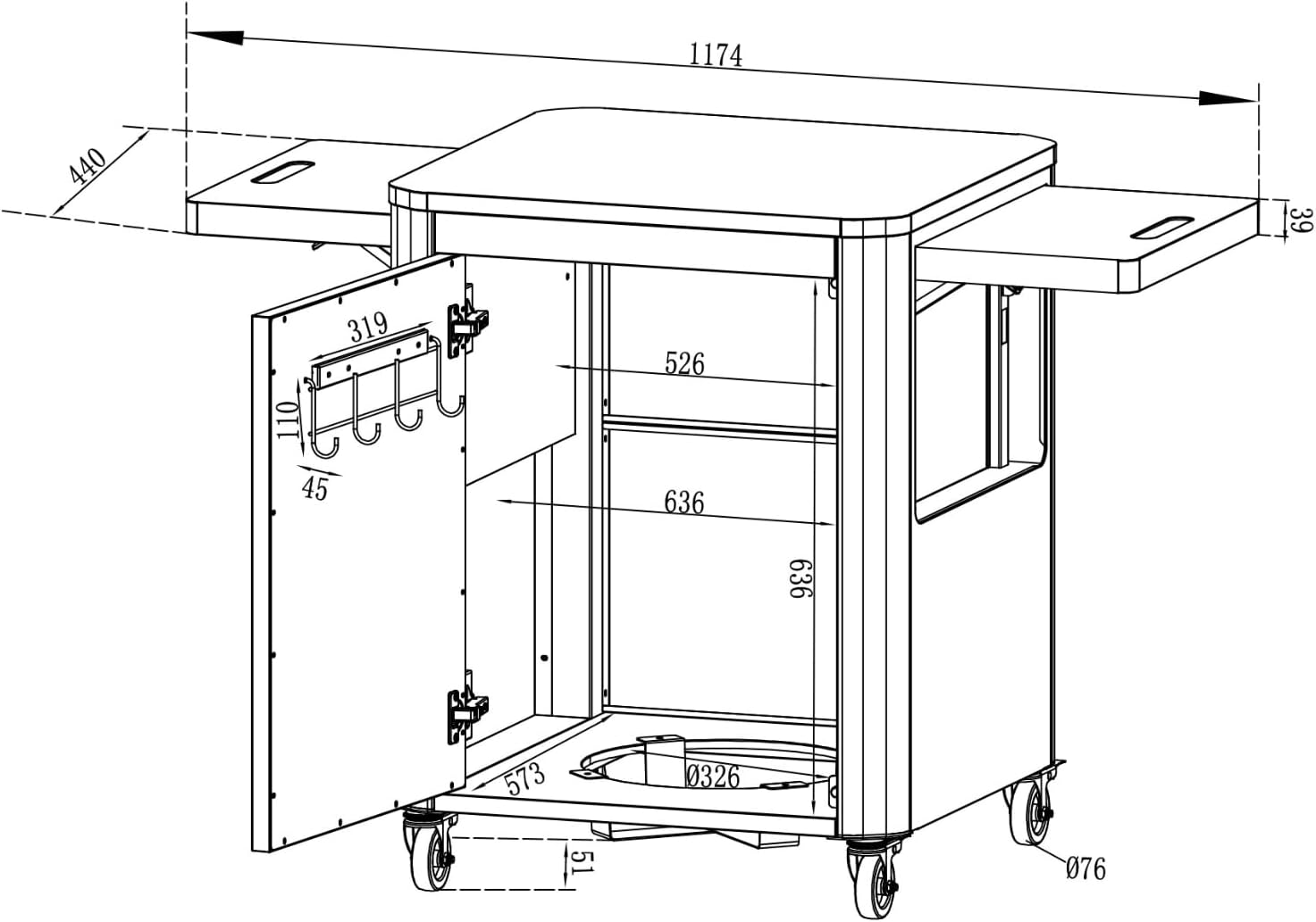 COZZE Kitchen Cart &ndash; Rolling Kitchen Island with Storage, Foldable Side Tables, Gas Bottle Holder &ndash; Rolling Storage Cart & Kitchen Island on Wheels image number 6