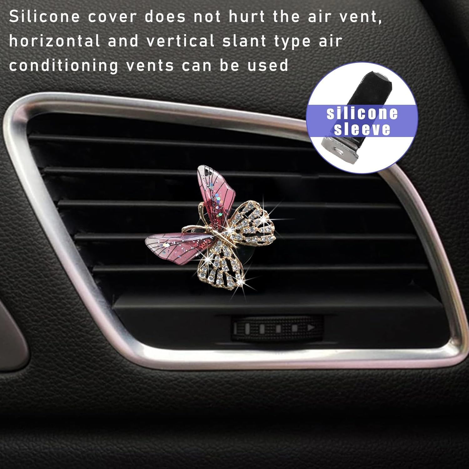 2PCS Bling Butterfly Air Vent Clips, Cute Crystal Car Air Fresheners Vent Clips, Rhinestone Diamond Auto Diffuser Vent Clip for Women Girls, Car Interior Decor Accessories (Rose Red) - Blue image number 2