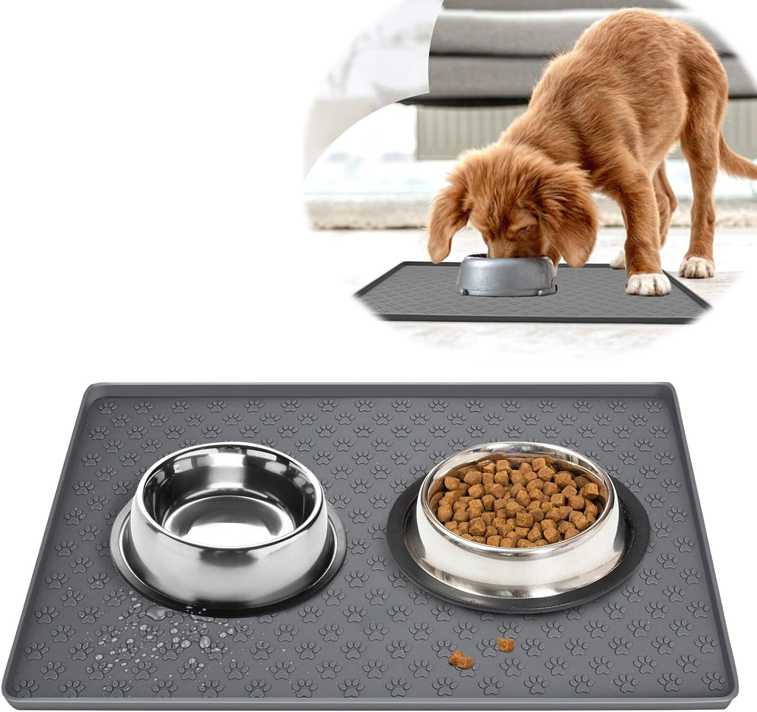 Heatunk Premium Waterproof Silicone Dog Feeding Mat - 19" X 12" with Raised Edges for Clean Floors
