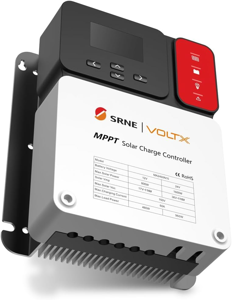 SRNE VOLTX 60A MPPT Solar Charge Controller 12V/24V Adjustable LCD Display Solar Panel Regulator for Gel Sealed Flood and Lithium Batteries image number 2