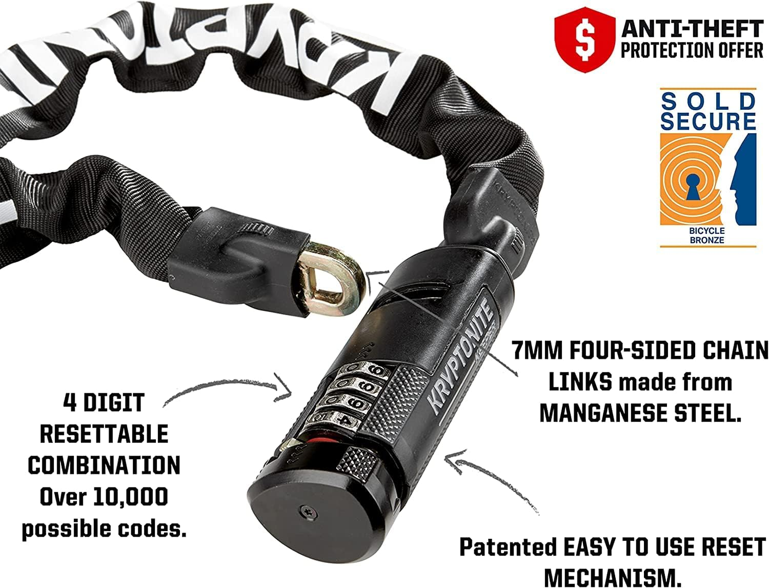 Kryptonite Keeper 712 Combo Bike Chain Lock, 4 Feet Long 7Mm Steel Chain Heavy Duty Anti-Theft Bicycle Chain Lock, 4-Digit Resettable Combination Lock for E-Bike Scooter Road Mountain Bikes