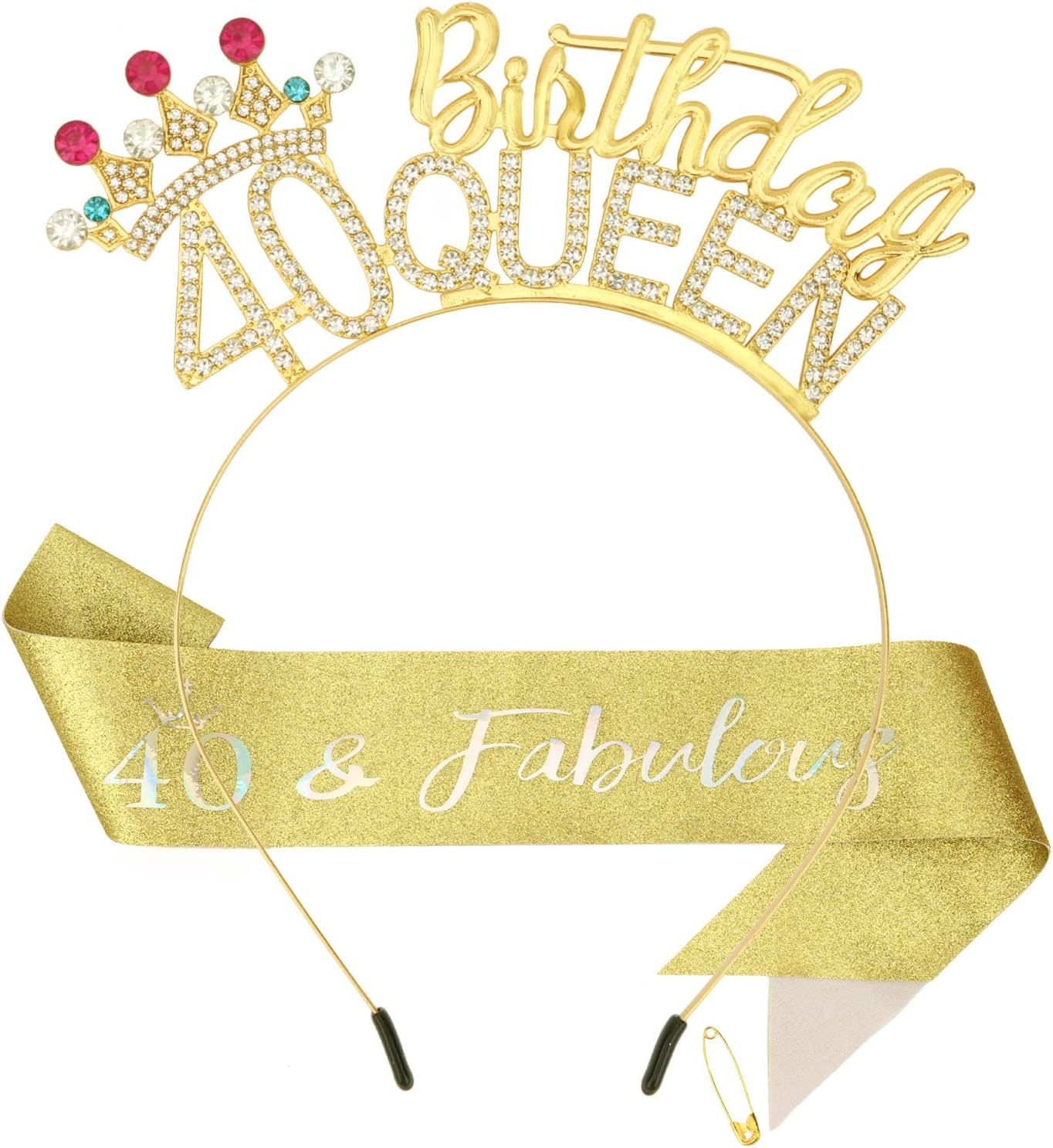 Pruadeor Gold 40Th Birthday Crown Woman 40Th Birthday Headband Glitter Sash for Birthday Party Decoration Gift image number 1