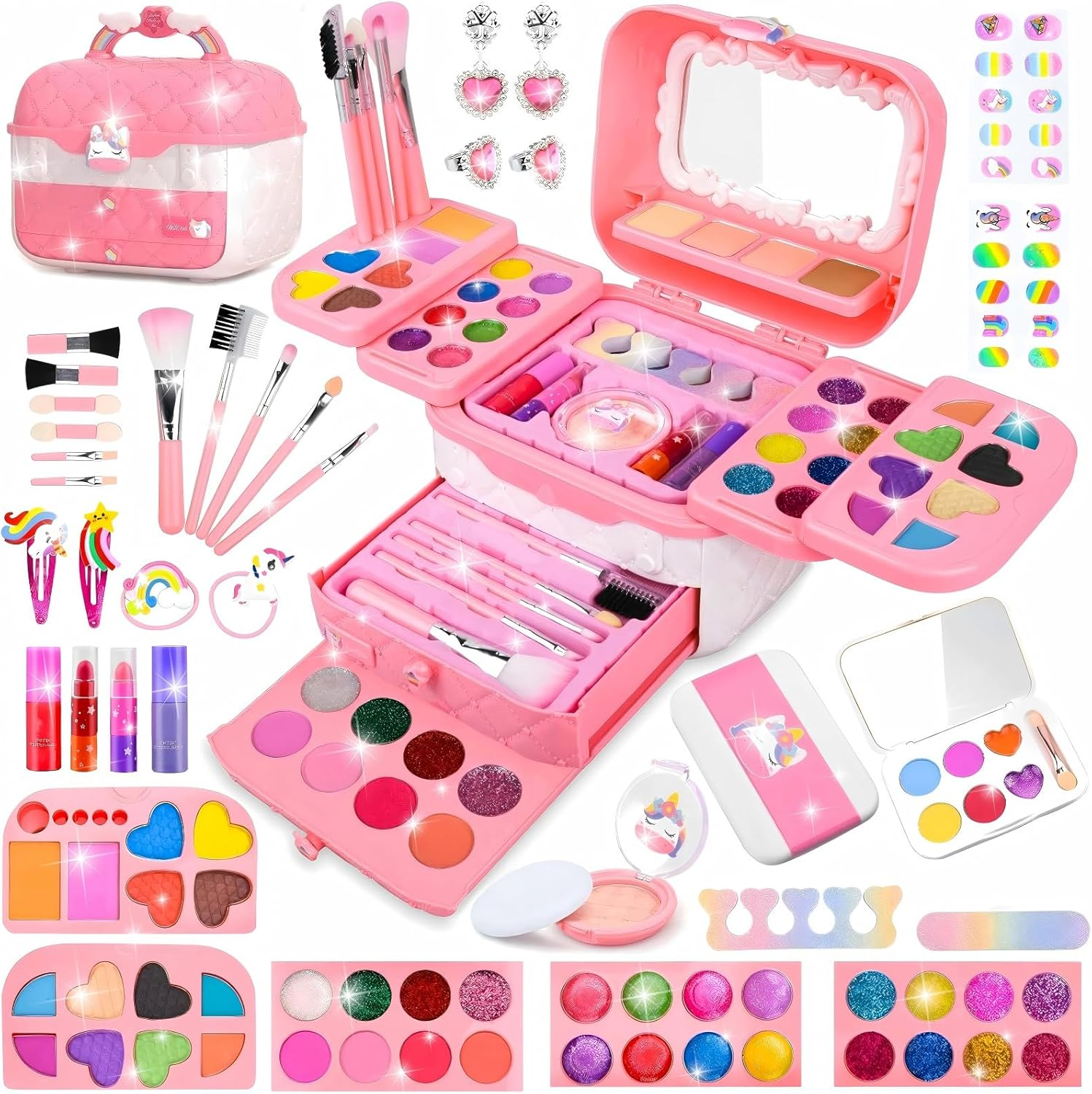 Girls Makeup Kit for Kids, 72 Pcs Washable Real Cosmetic & Pink Travel Cosmetic Case, Non-Toxic Make up Set Toys Toddler Makeup Kit, Princess Dress up Kit Christmas & Birthday Gift for 3-12 Age Girl
