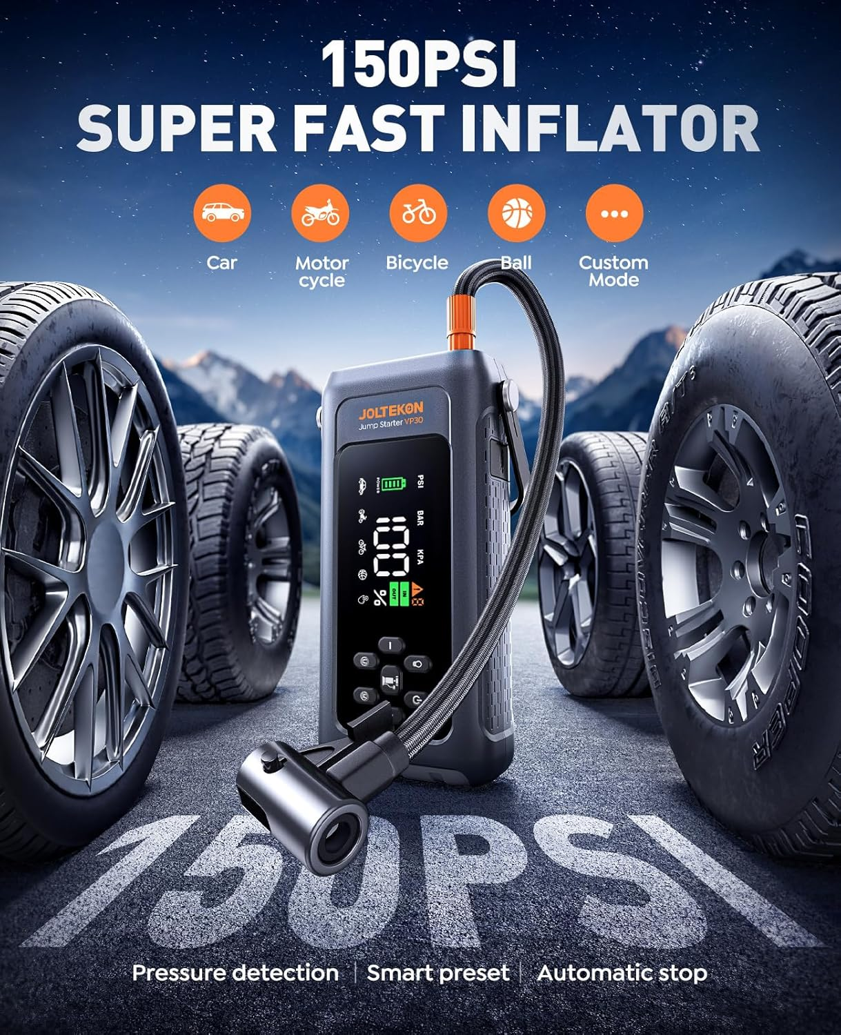 Jump Starter with Air Compressor, 4000A Peak 150PSI Car Battery Jump Starter for All Gas/ 10L Diesel Engines, 12V Jump Box Car Battery with Auto-Shutoff Tire Inflator, Jumper Cables and Light image number 4